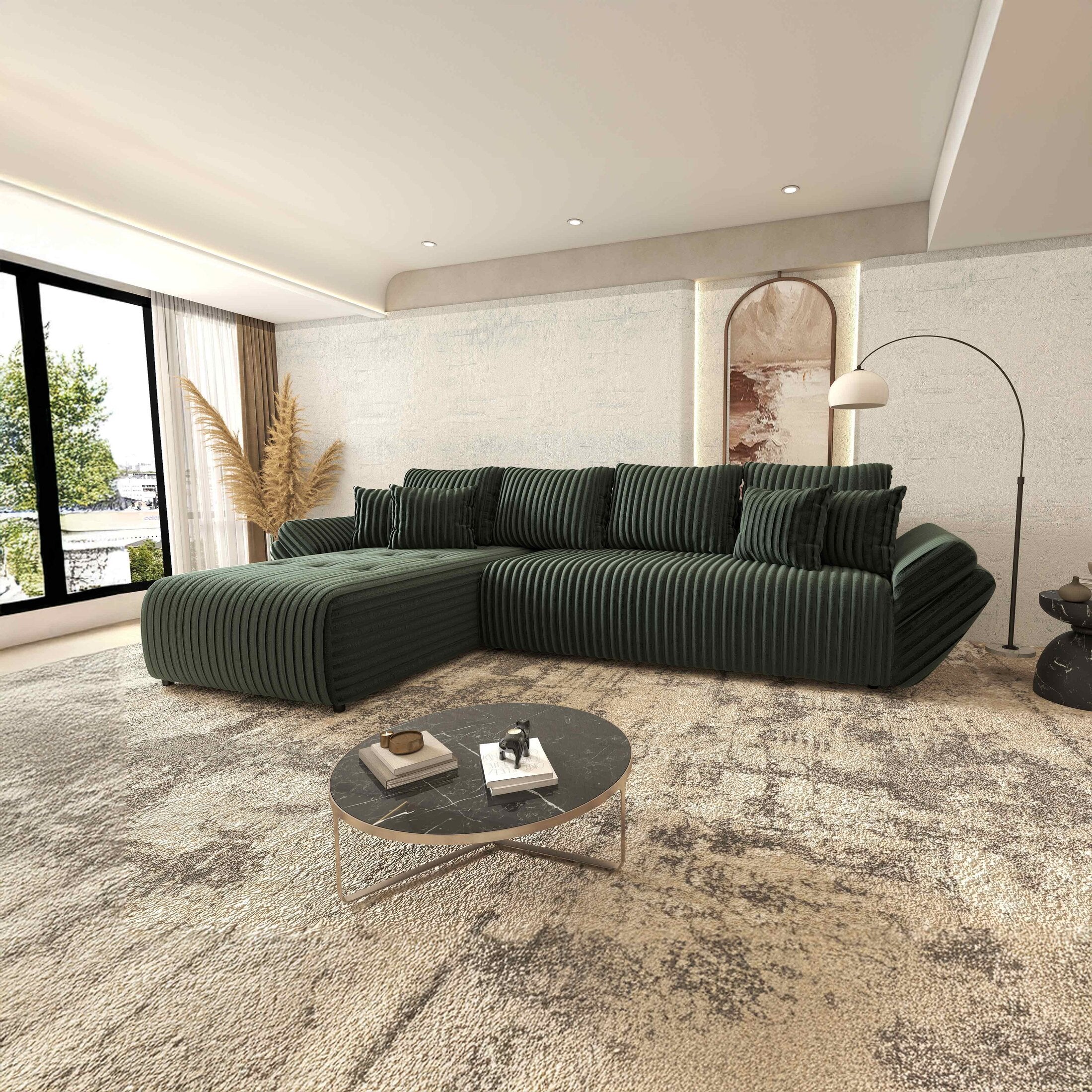 Colțar extensibil dumonde cu ladă de depozitare si sezut confortabil din spuma HR, Berlin XL Ambience Green 350x185 cm