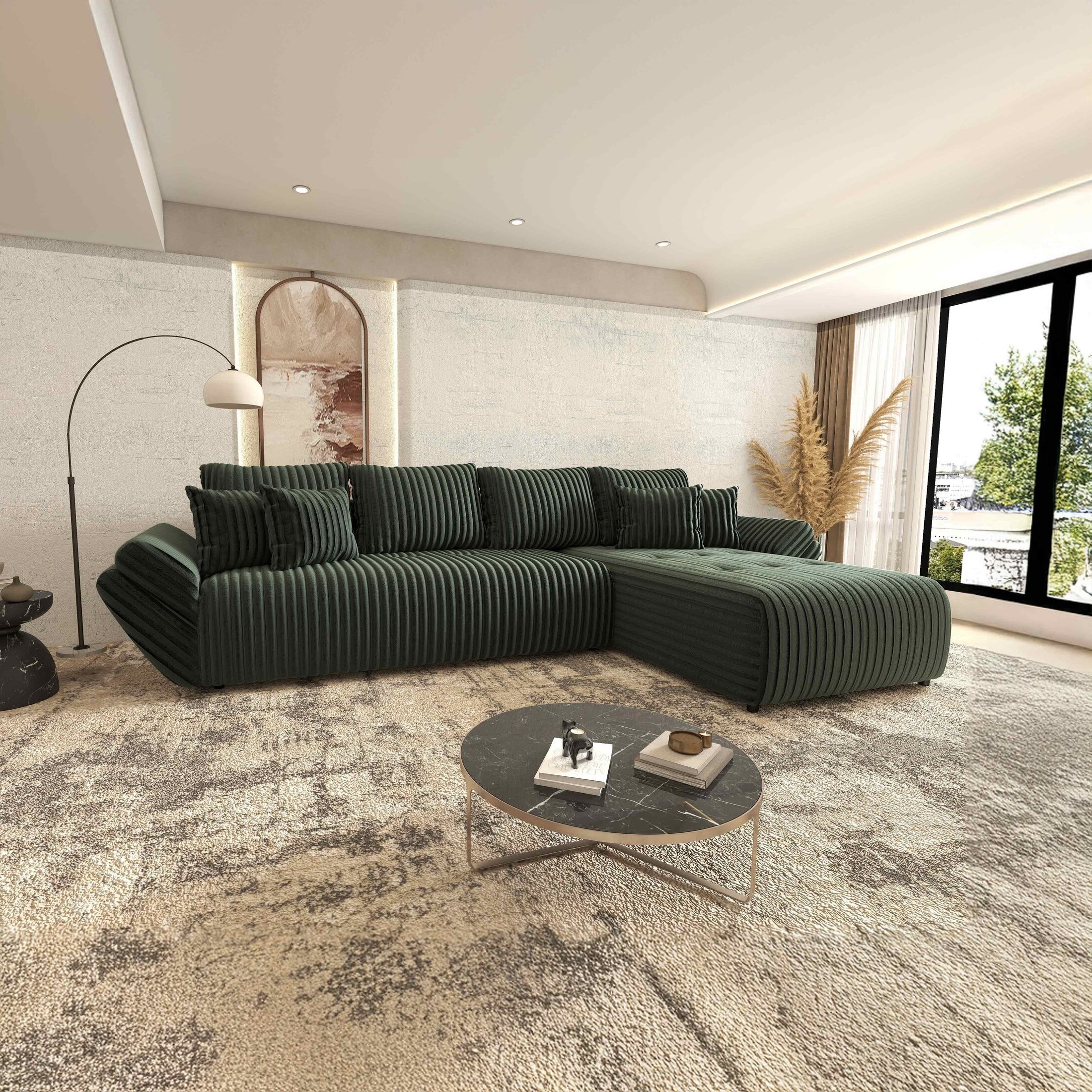 Colțar extensibil dumonde cu ladă de depozitare si sezut confortabil din spuma HR, Berlin XL Ambience Green II 350x185 cm