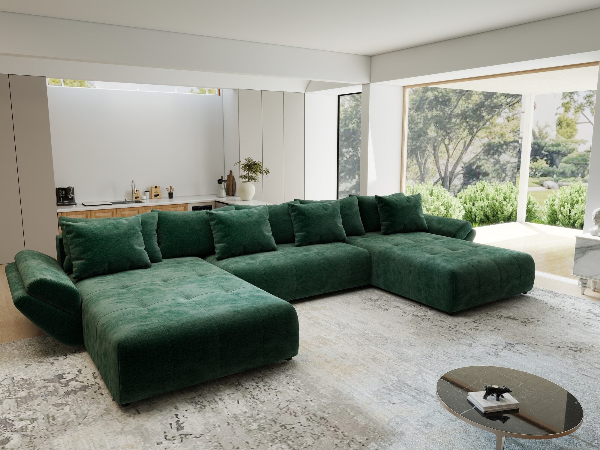Colțar extensibil dumonde cu ladă de depozitare si sezut confortabil din spuma high-density, Berlin U Monolith Verde 37 380x180 cm