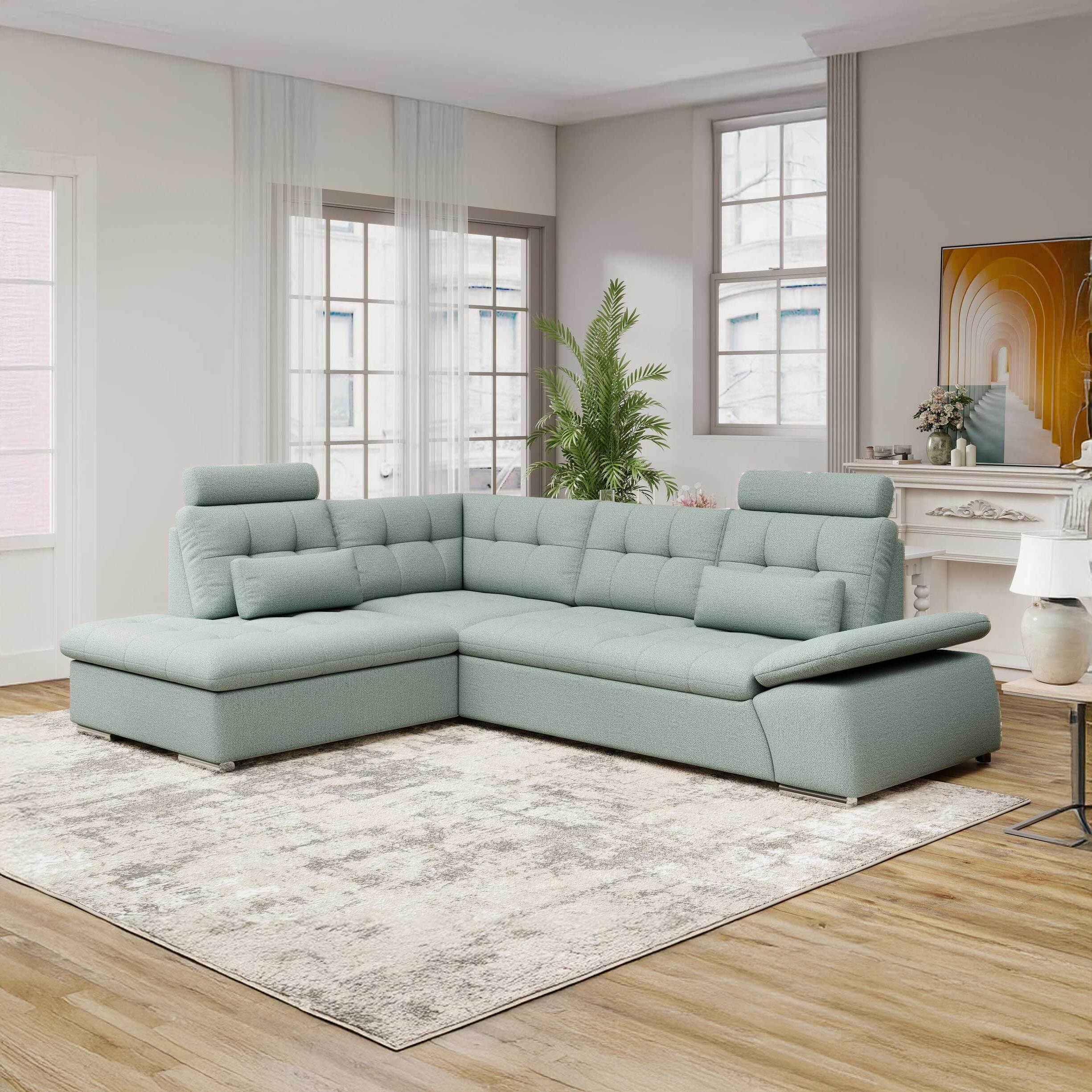 Colțar extensibil dumonde cu ladă de depozitare și șezut confortabil din spumă HR, Merkur XL Enjoy Verde Mint 256x217 cm