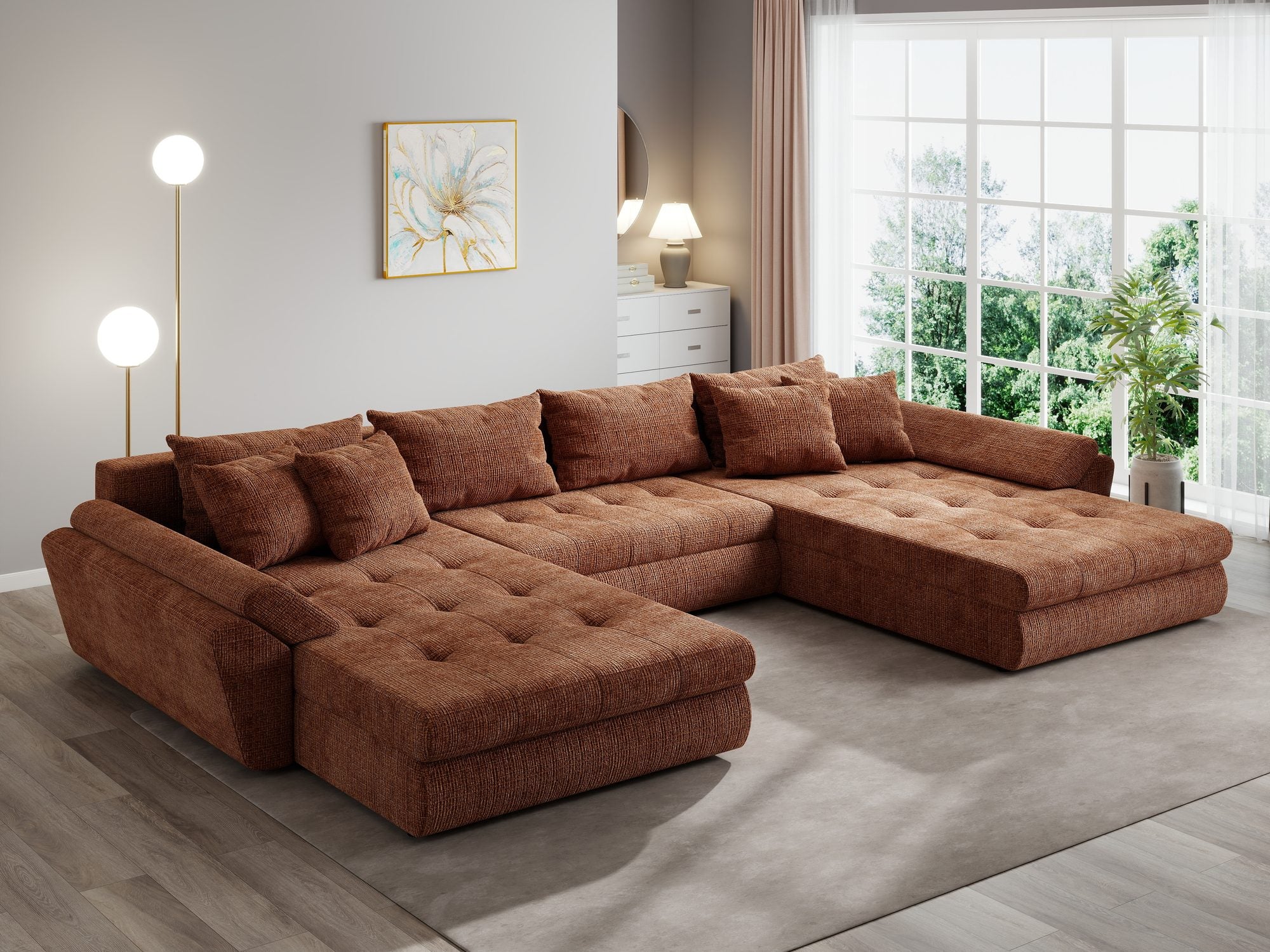 Colțar extensibil dumonde cu ladă de depozitare si sezut confortabil din spuma high-density, Loana U Cremona Teracota 52 355x185 cm