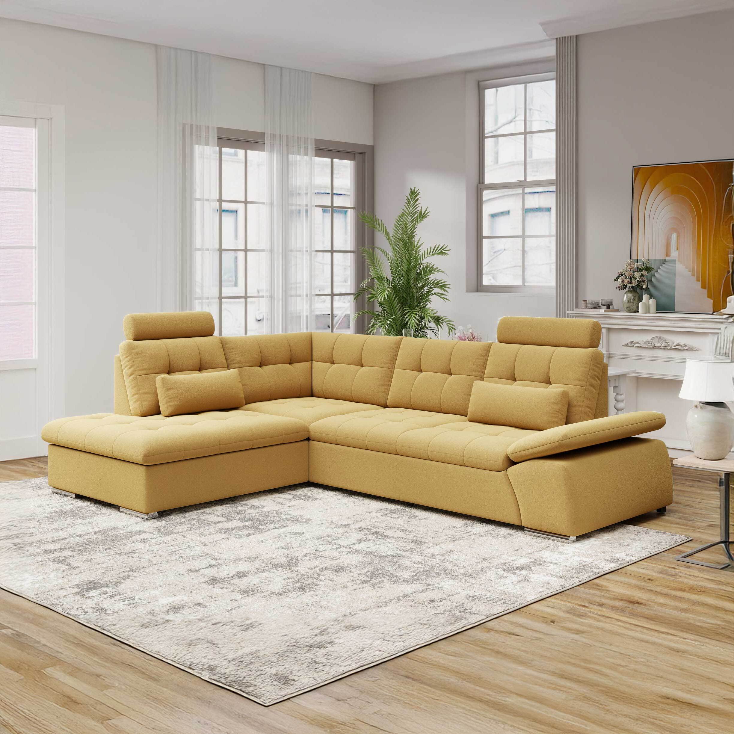 Colțar extensibil dumonde cu ladă de depozitare și șezut confortabil din spumă HR, Merkur XL Royal Mustar 256x217 cm