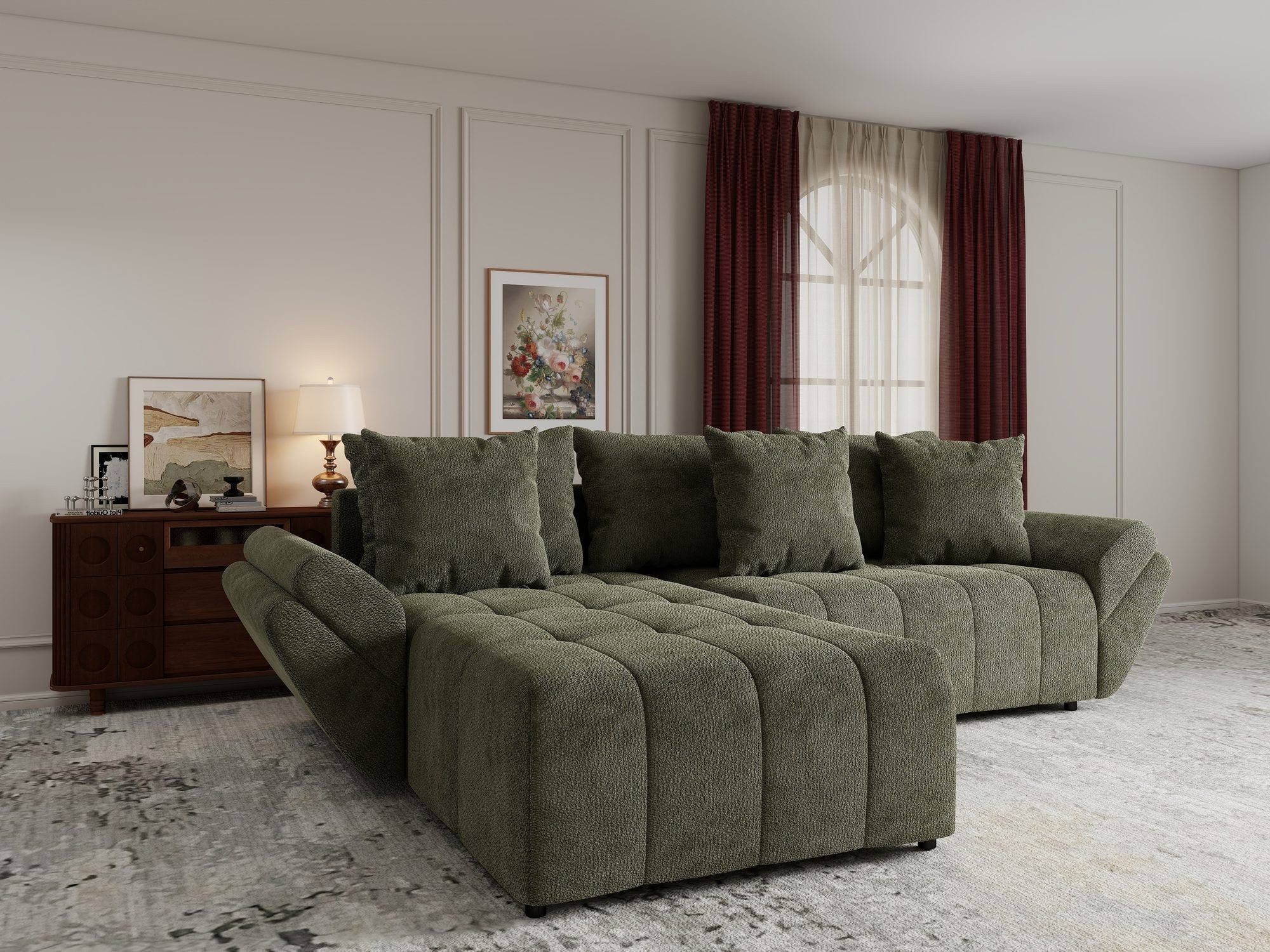 Colțar extensibil dumonde cu ladă de depozitare si sezut confortabil din spuma high-density, Berlin Vibe Olive 38 280x185 cm