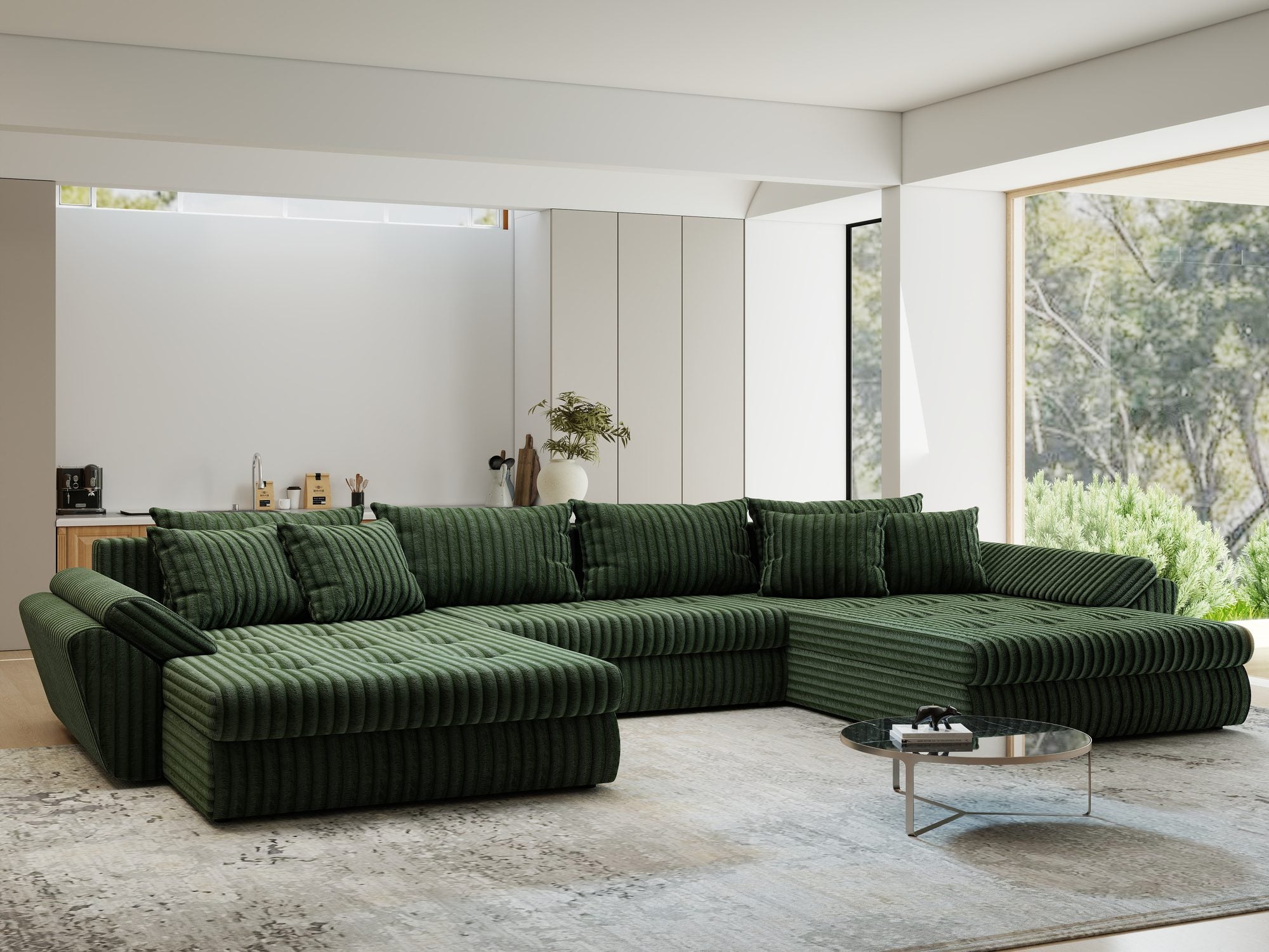 Colțar extensibil dumonde cu ladă de depozitare si sezut confortabil din spuma high-density, Loana U Tilia Verde 39 355x185 cm