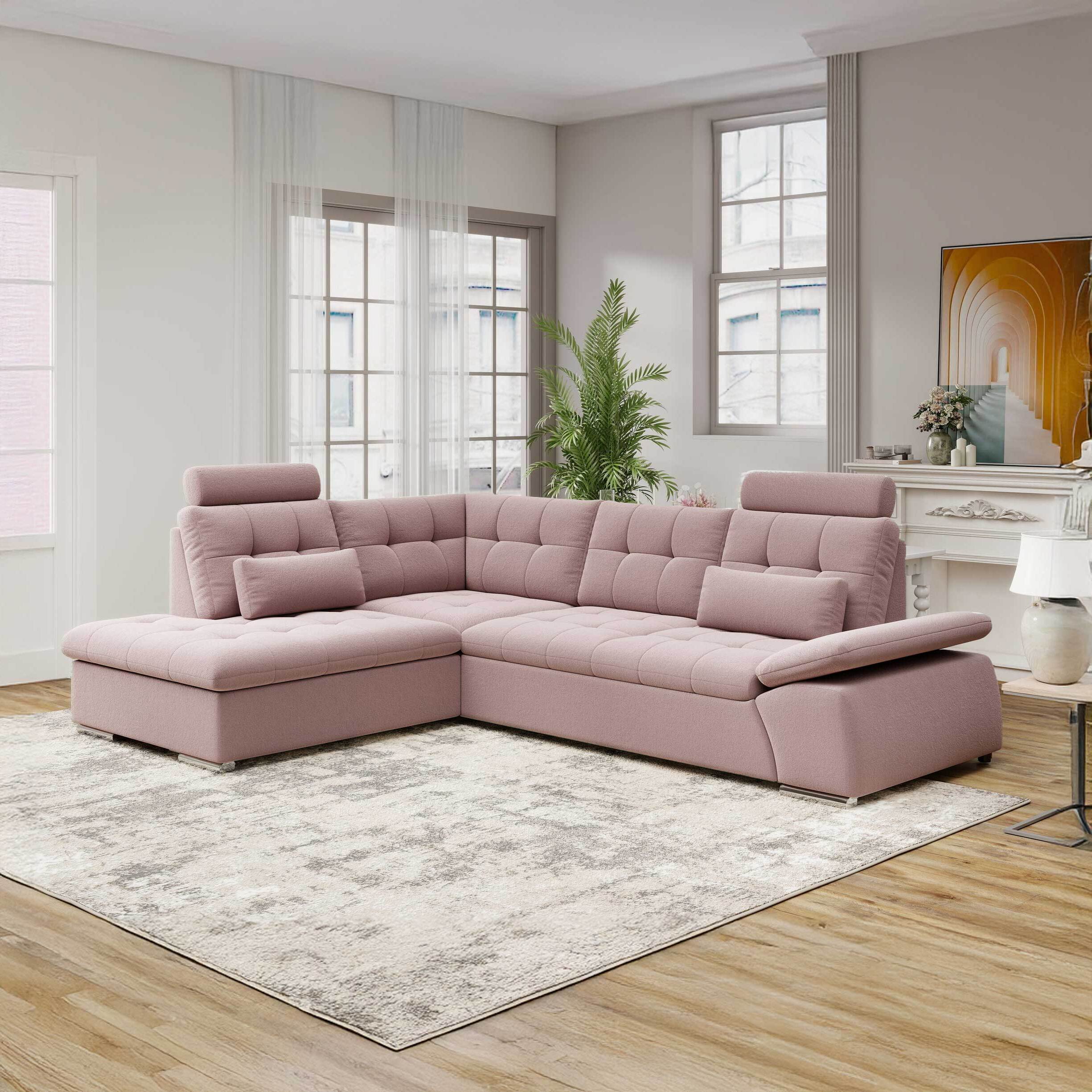 Colțar extensibil dumonde cu ladă de depozitare și șezut confortabil din spumă HR, Merkur XL Royal Roz 256x217 cm