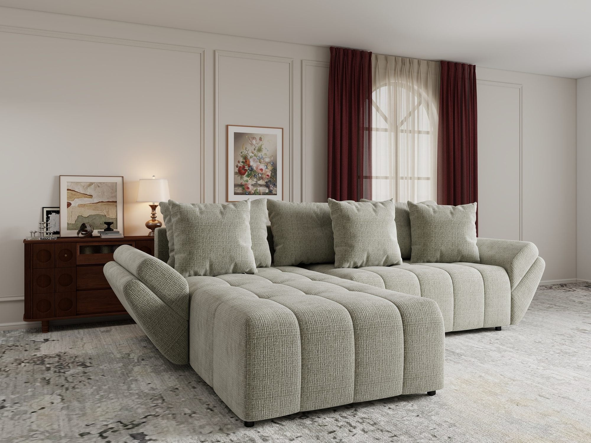 Colțar extensibil dumonde cu ladă de depozitare si sezut confortabil din spuma high-density, Berlin Cremona Bej 04 280x185 cm