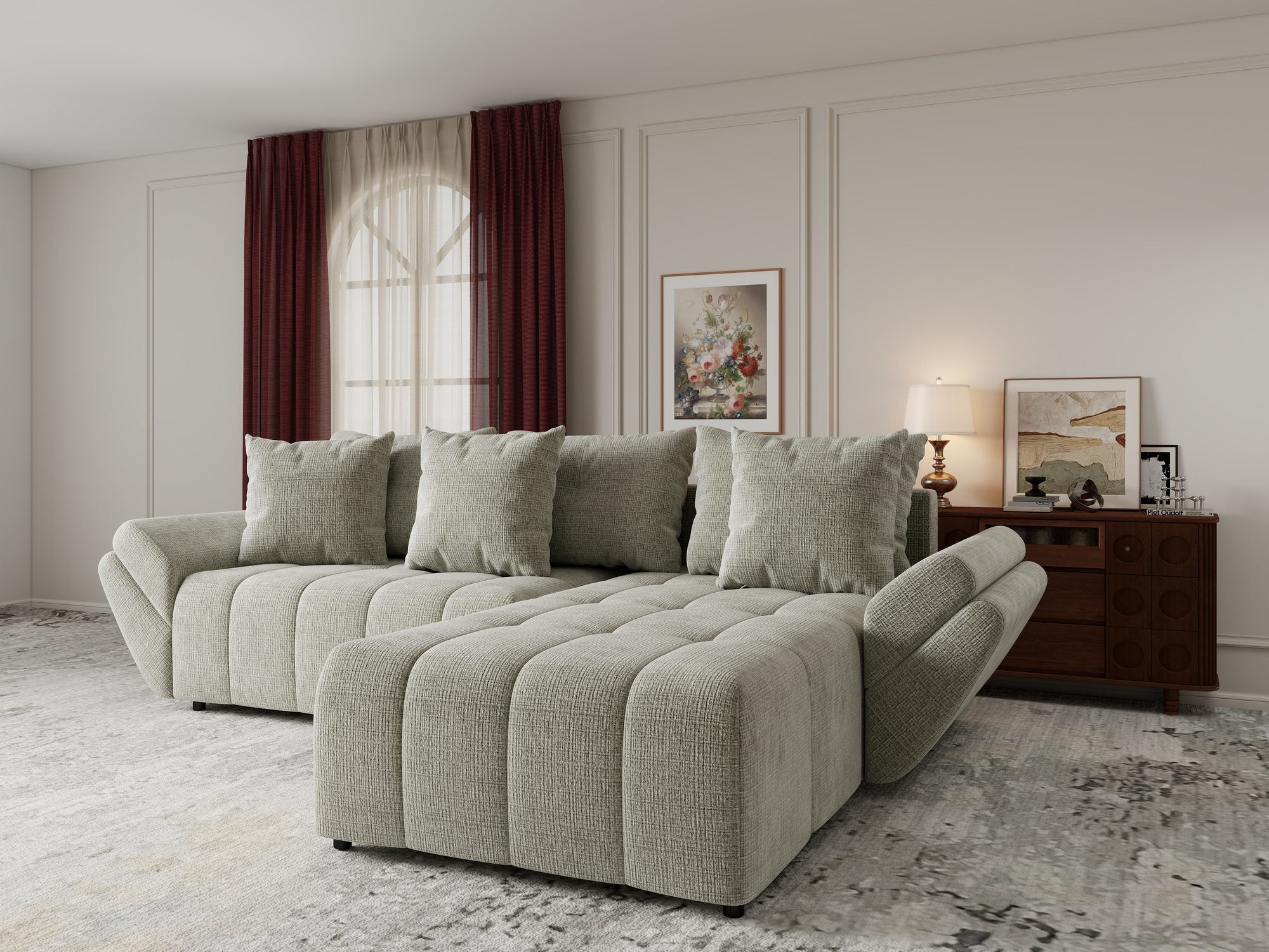 Colțar extensibil dumonde cu ladă de depozitare si sezut confortabil din spuma high-density, Berlin Cremona Bej 04 II 280x185 cm