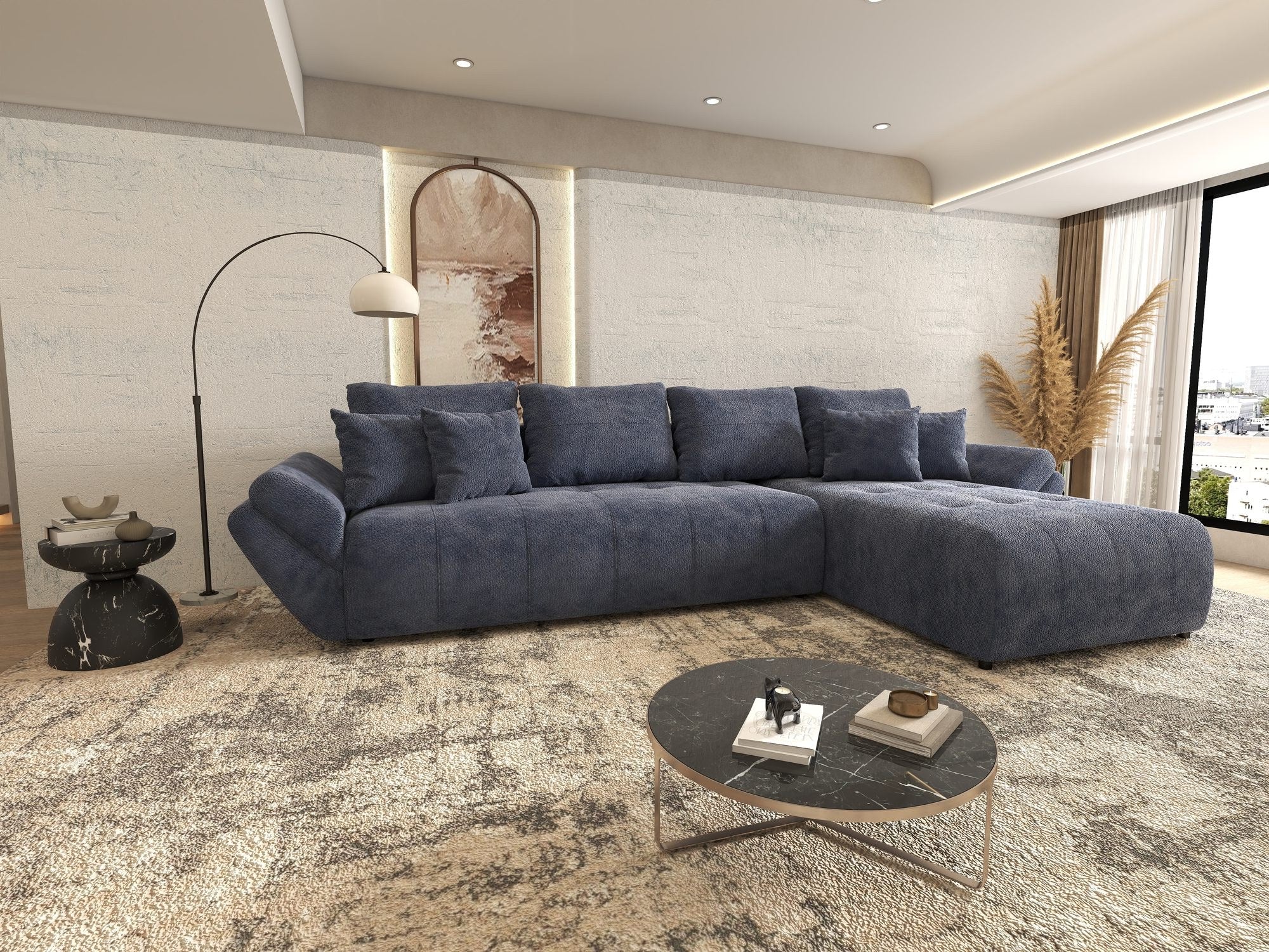 Colțar extensibil dumonde cu ladă de depozitare si sezut confortabil din spuma high-density, Berlin XL Vibe Albastru 79 II 350x185 cm