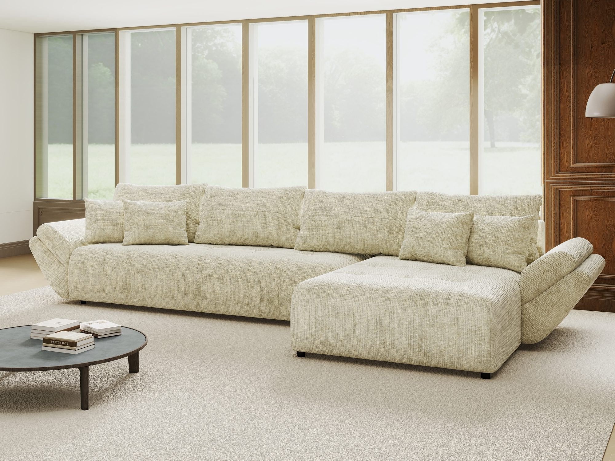 Colțar extensibil dumonde cu ladă de depozitare si sezut confortabil din spuma high-density, Berlin XL Cremona Alb 1 II 350x185 cm