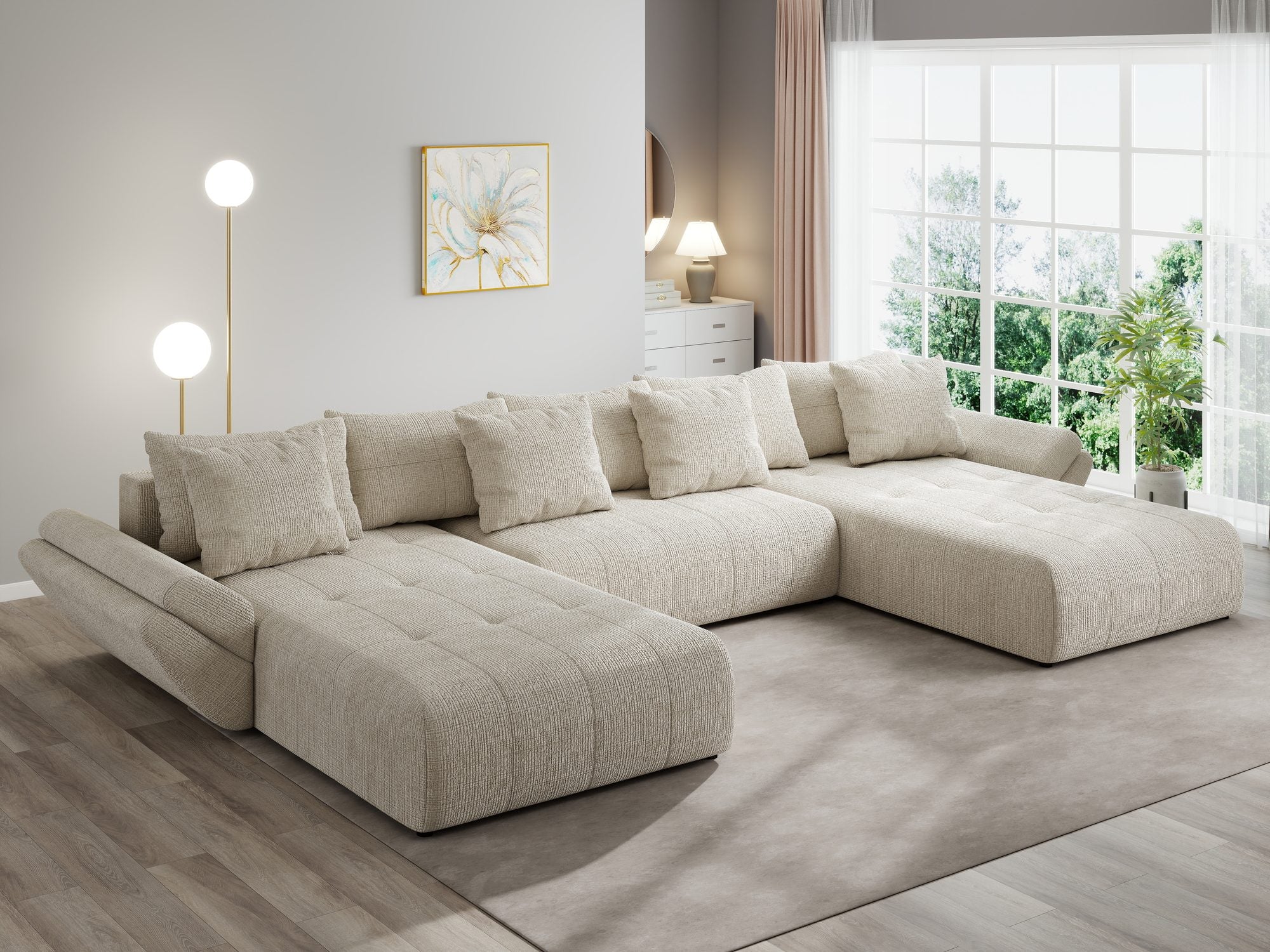 Colțar extensibil dumonde cu ladă de depozitare si sezut confortabil din spuma high-density, Berlin U Cremona Gri Deschis 02 380x180 cm
