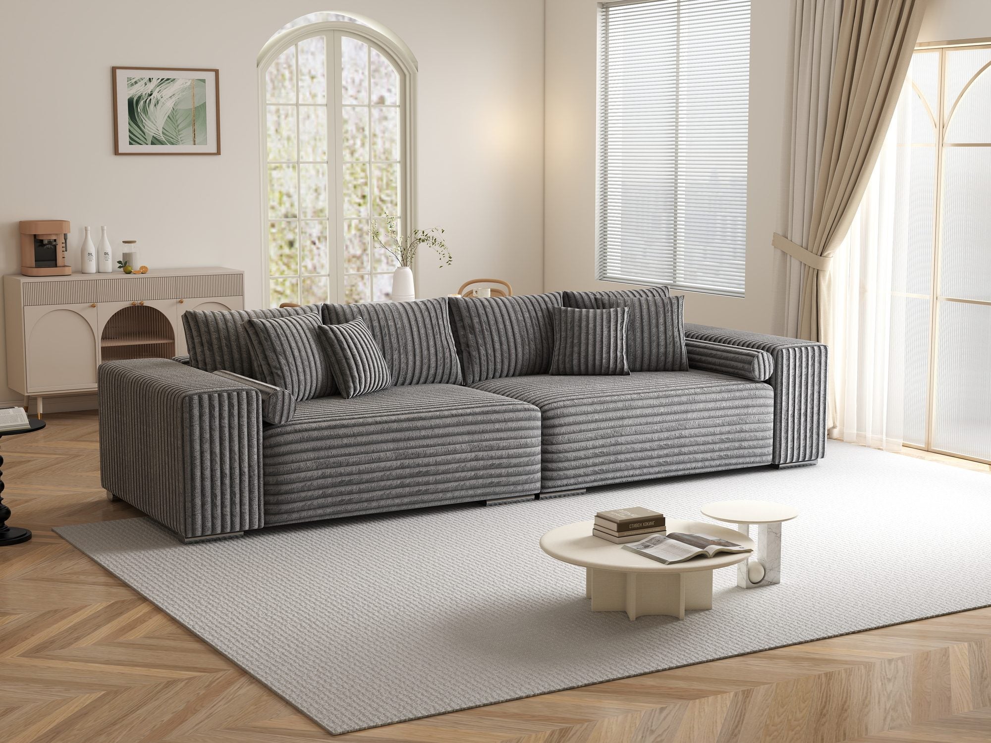 Canapea extensibilă dumonde cu ladă de depozitare si sezut confortabil din spuma high-density, Marbela XXL Tilia Gri 90 290x100 cm