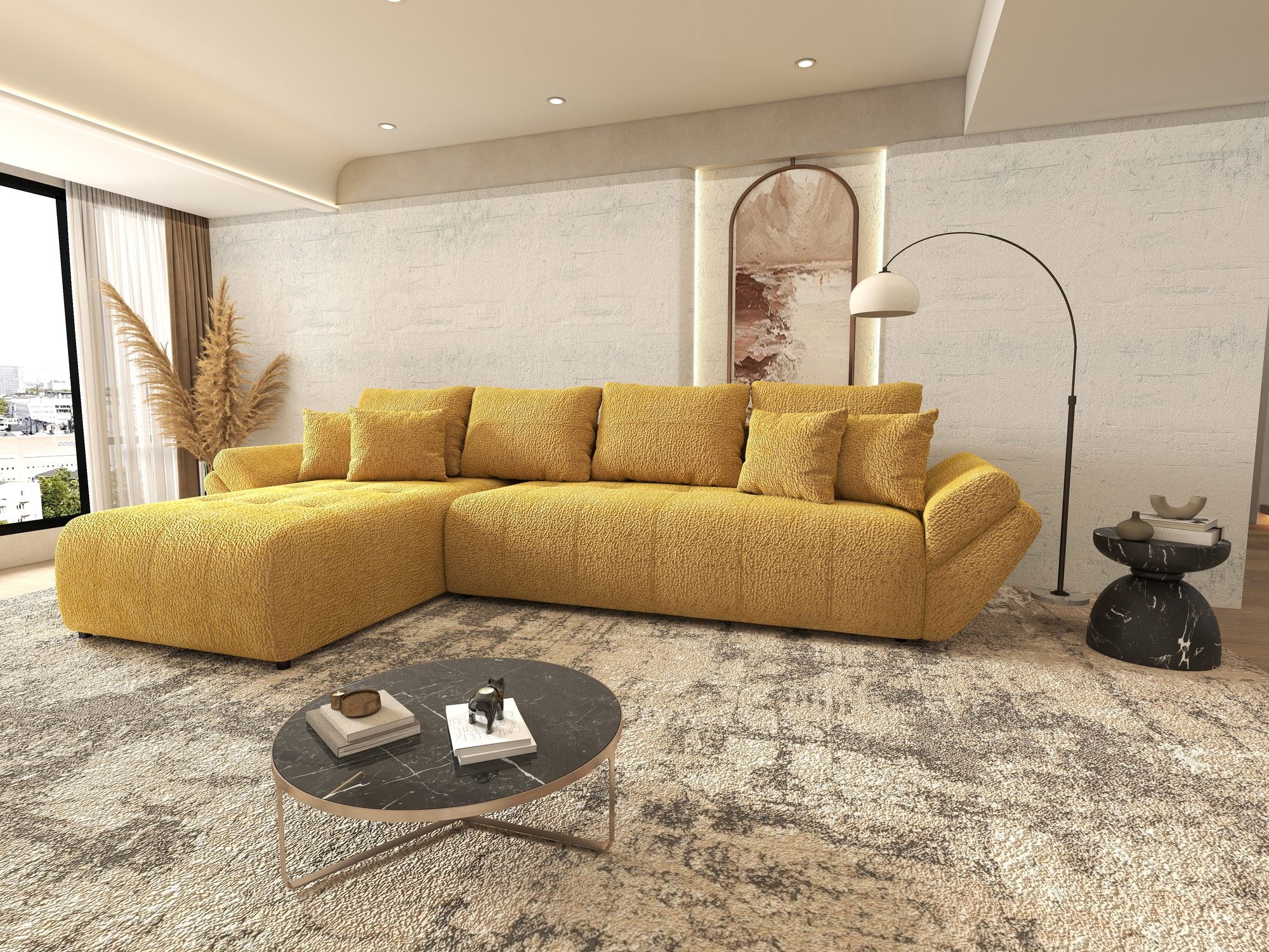 Colțar extensibil dumonde cu ladă de depozitare si sezut confortabil din spuma high-density, Berlin XL Jaguar Galben Mustar 11 350x185 cm