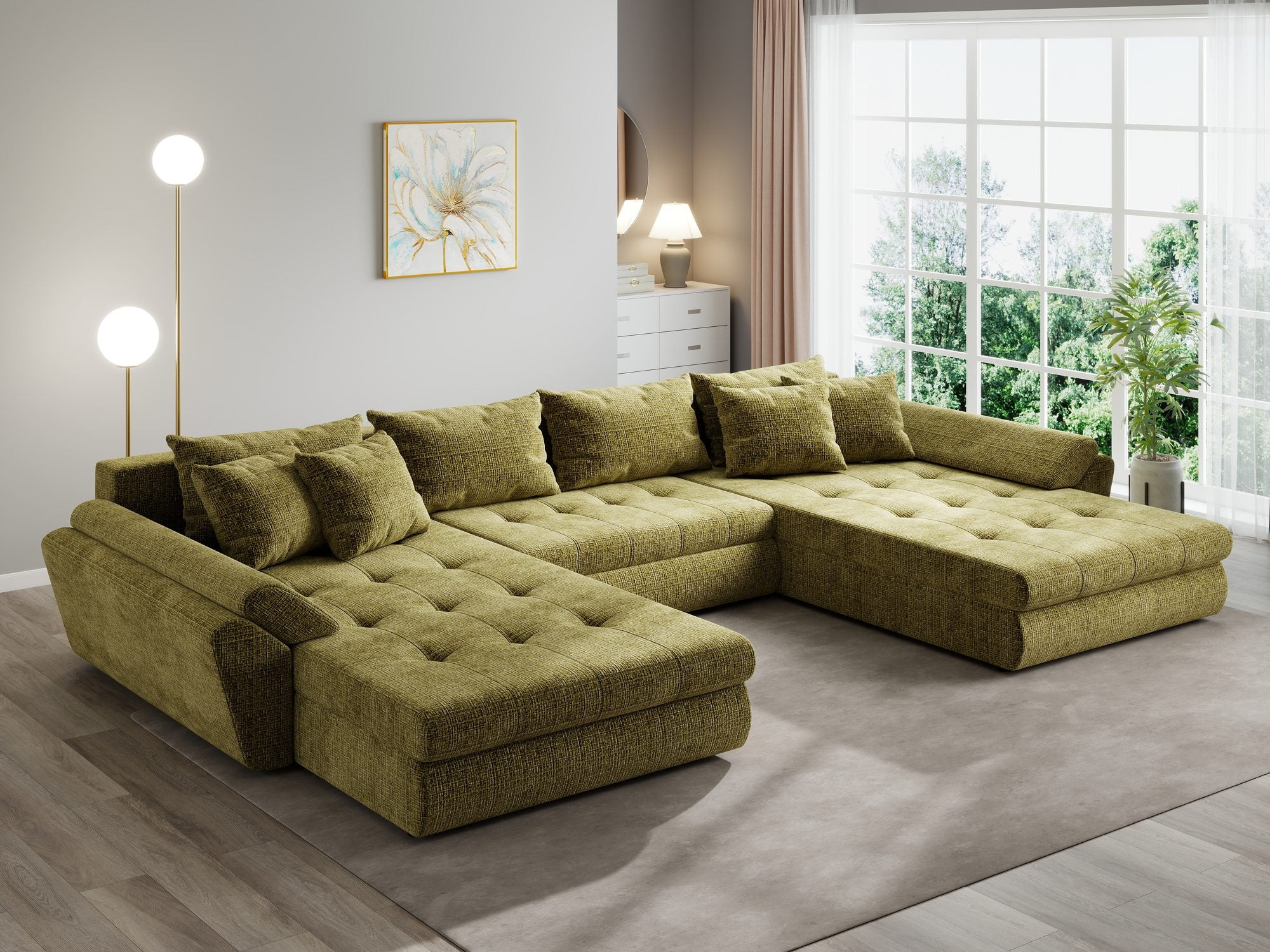 Colțar extensibil dumonde cu ladă de depozitare si sezut confortabil din spuma high-density, Loana U Cremona Olive 38 355x185 cm