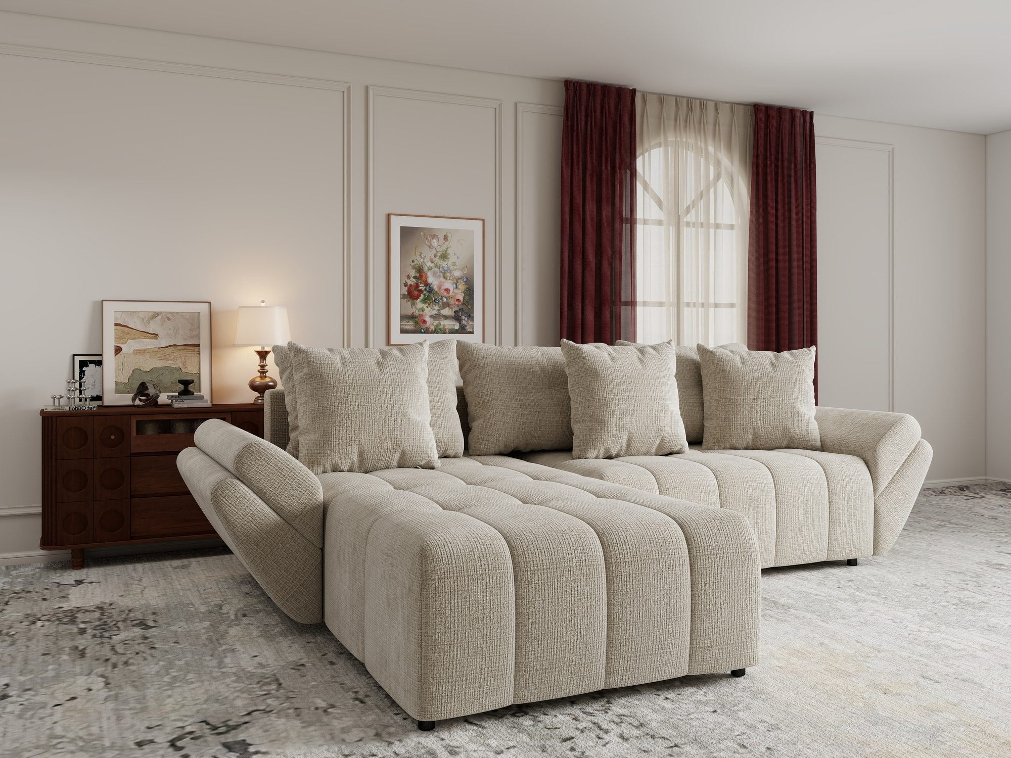 Colțar extensibil dumonde cu ladă de depozitare si sezut confortabil din spuma high-density, Berlin Cremona Gri Deschis 02 280x185 cm