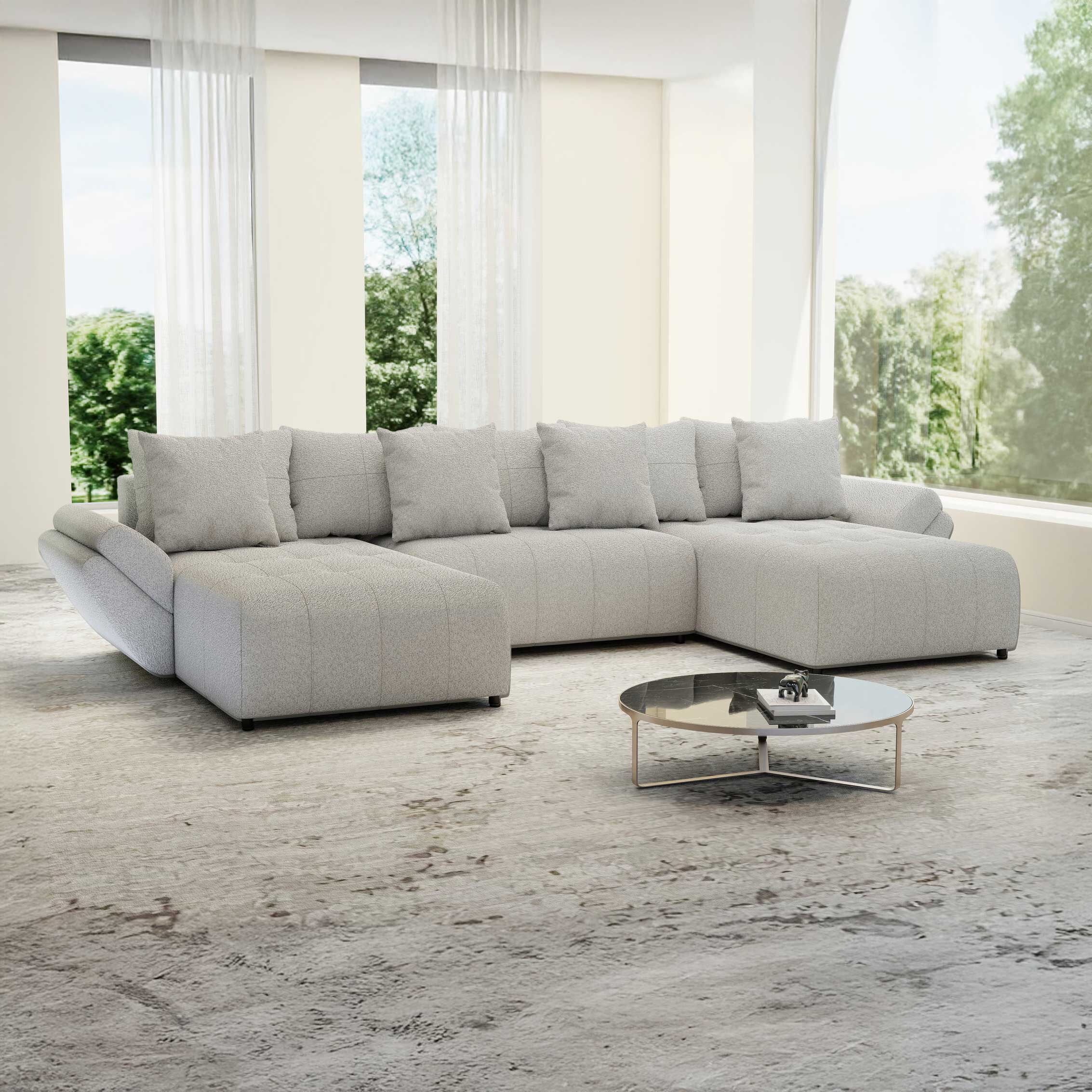 Colțar extensibil dumonde cu ladă de depozitare si sezut confortabil din spuma HR, Berlin U Euphoria Dove 380x180 cm