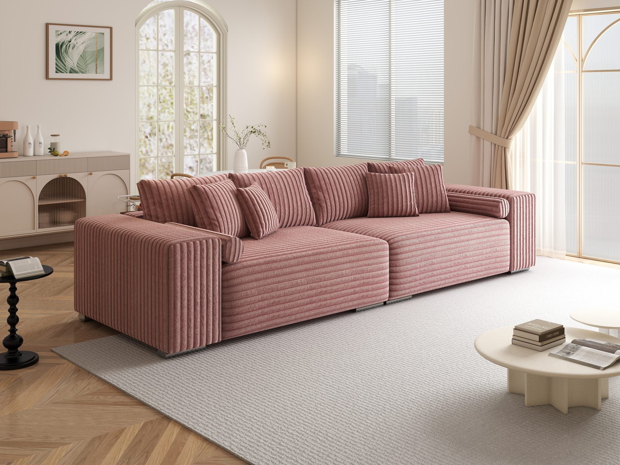 Canapea extensibilă dumonde cu ladă de depozitare si sezut confortabil din spuma high-density, Marbela XXL Tilia Roz Pudrat 62 290x100 cm