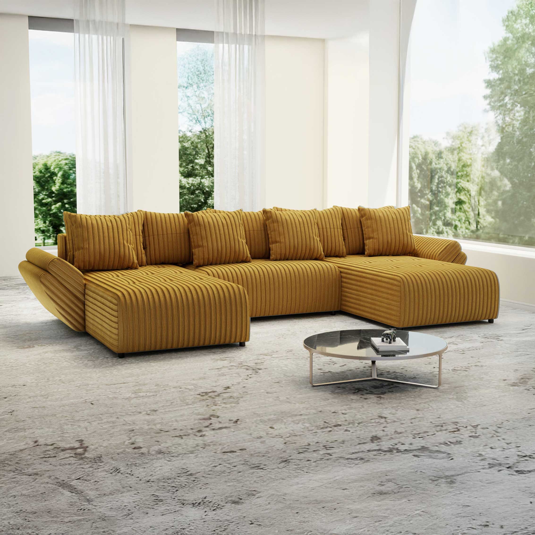 Colțar extensibil dumonde cu ladă de depozitare si sezut confortabil din spuma HR, Berlin U Ambiance Mustar 380x180 cm