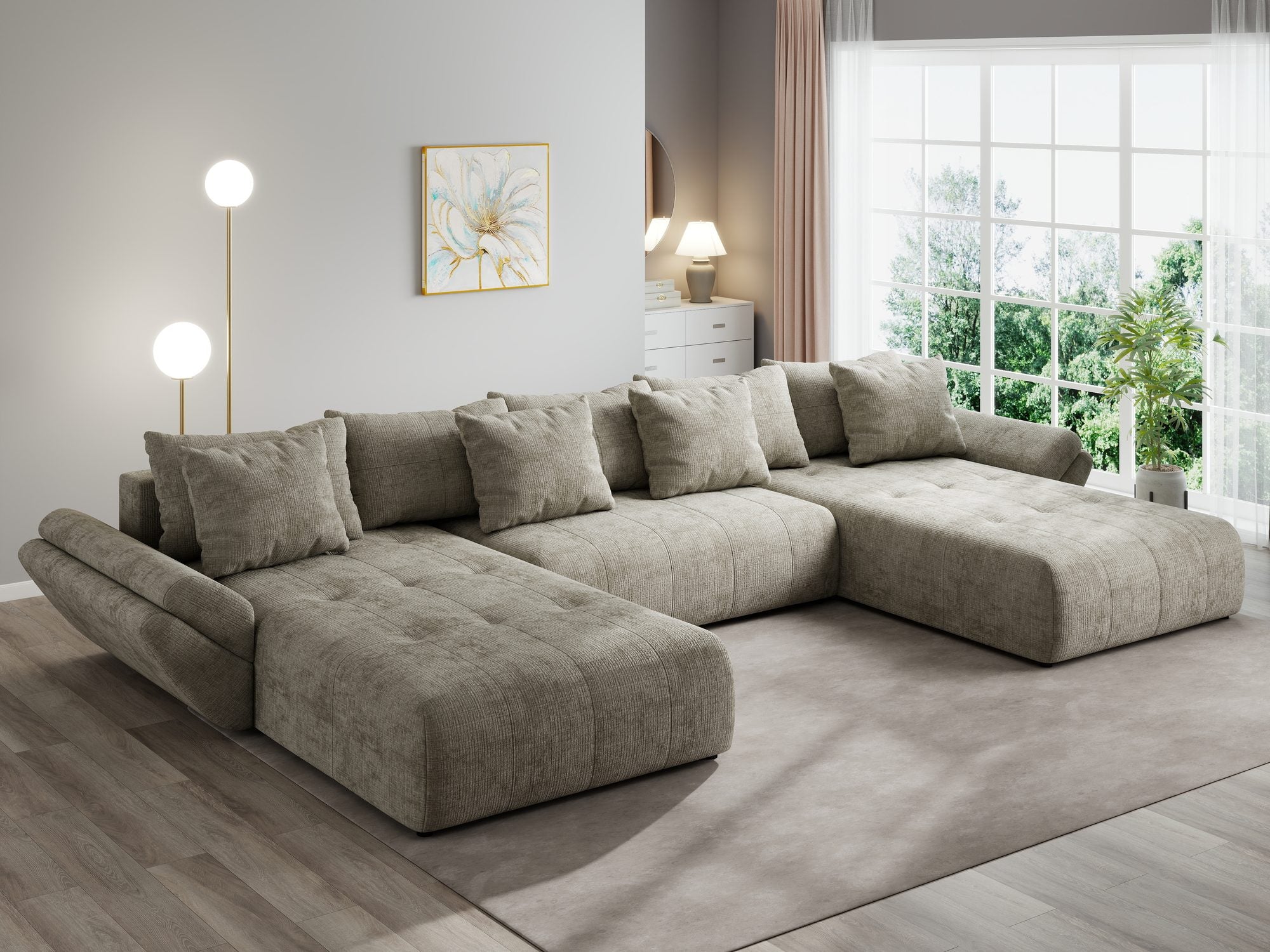 Colțar extensibil dumonde cu ladă de depozitare si sezut confortabil din spuma high-density, Berlin U Cremona Bej 14 380x180 cm