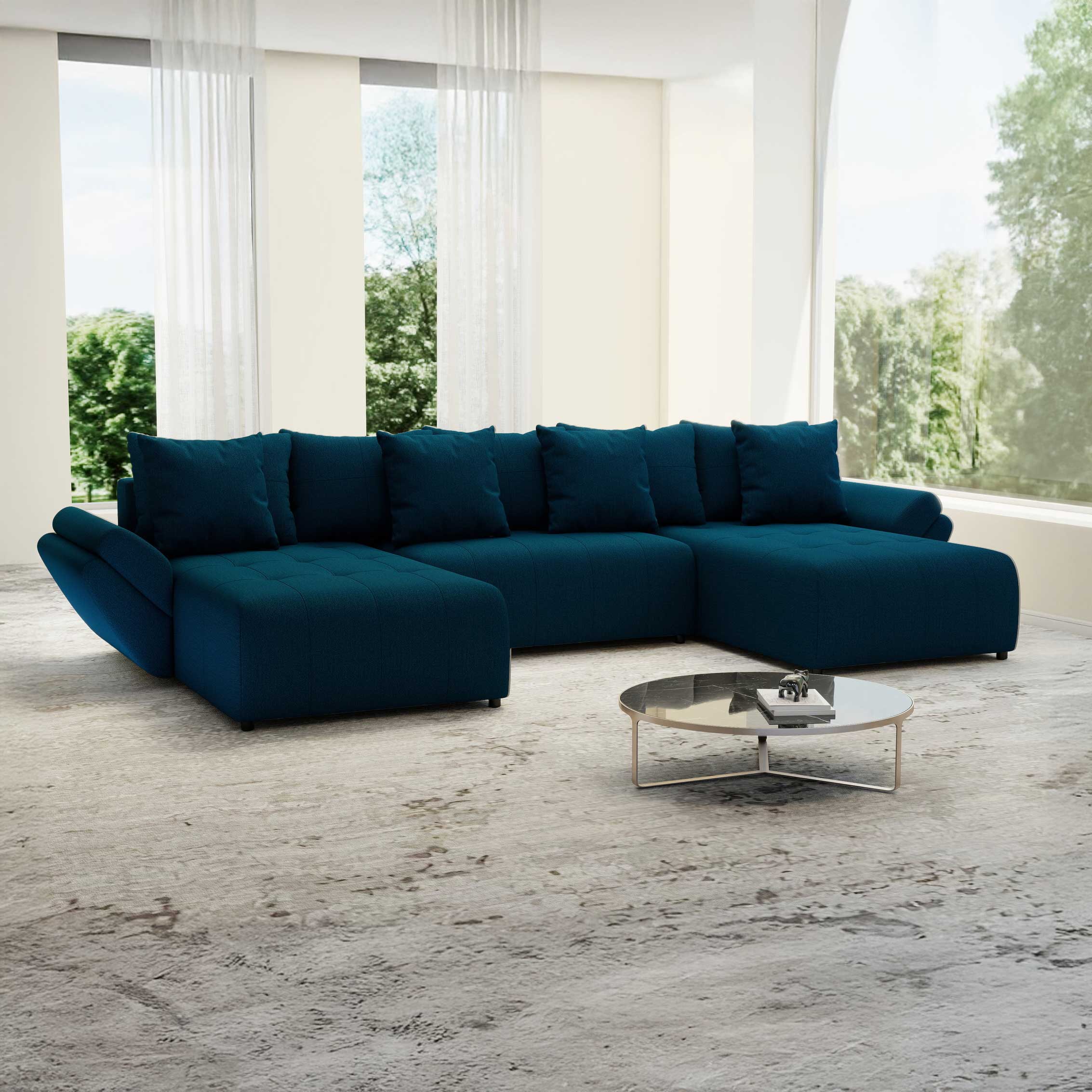 Colțar extensibil dumonde cu ladă de depozitare si sezut confortabil din spuma HR, Berlin U Enjoy Verde Petrol 380x180 cm