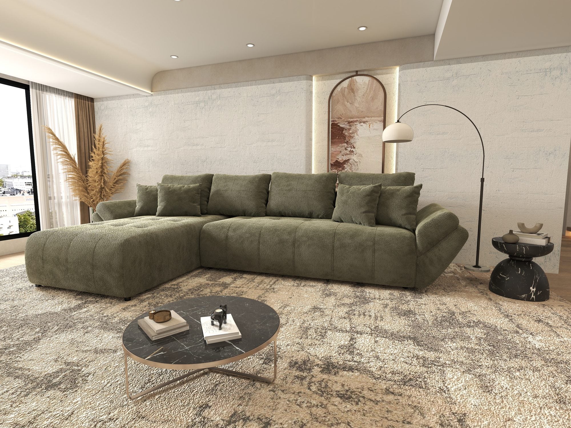 Colțar extensibil dumonde cu ladă de depozitare si sezut confortabil din spuma high-density, Berlin XL Vibe Olive 38 350x185 cm