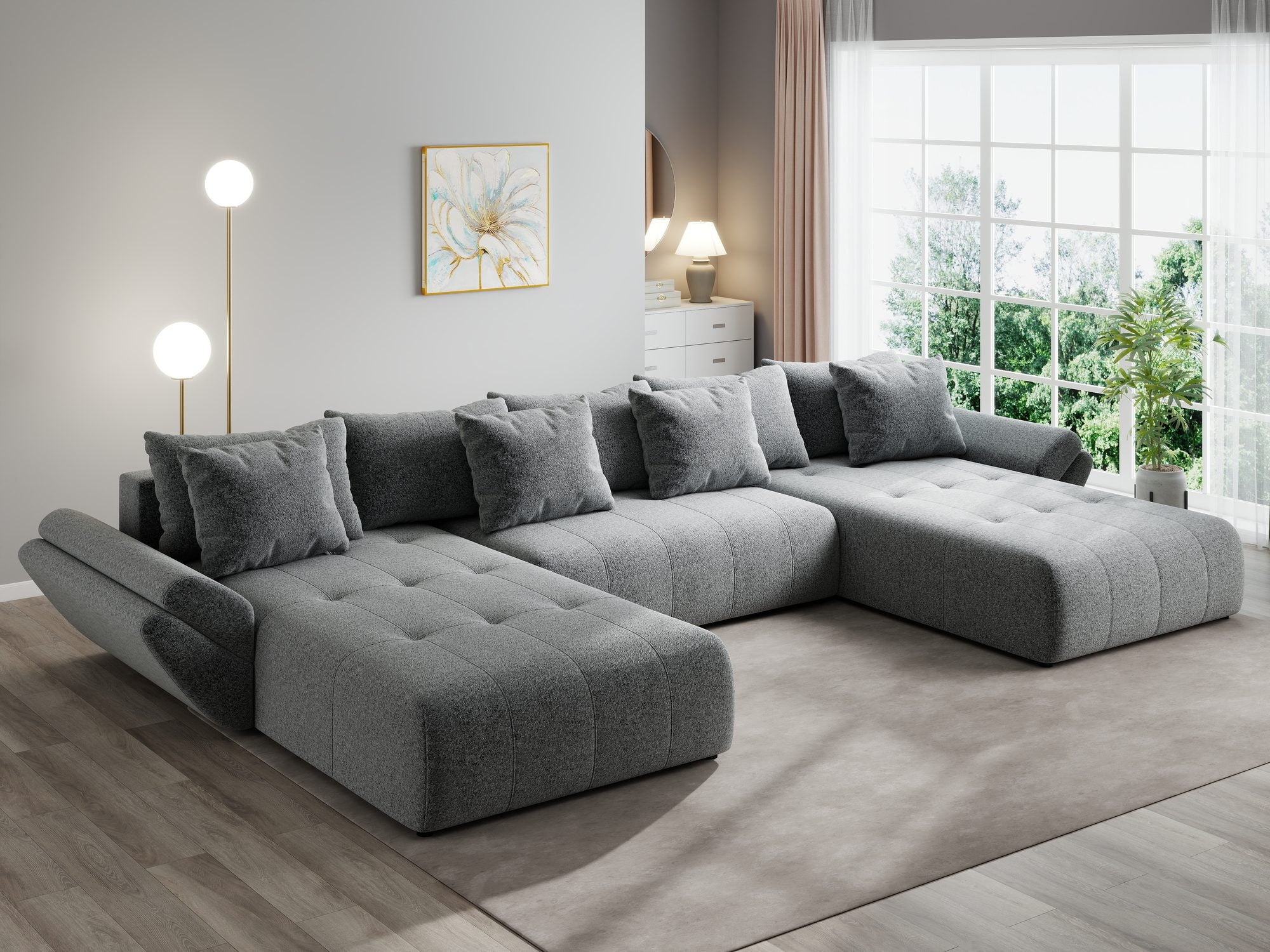 Colțar extensibil dumonde cu ladă de depozitare si sezut confortabil din spuma high-density, Berlin U Monte Gri 90 380x180 cm