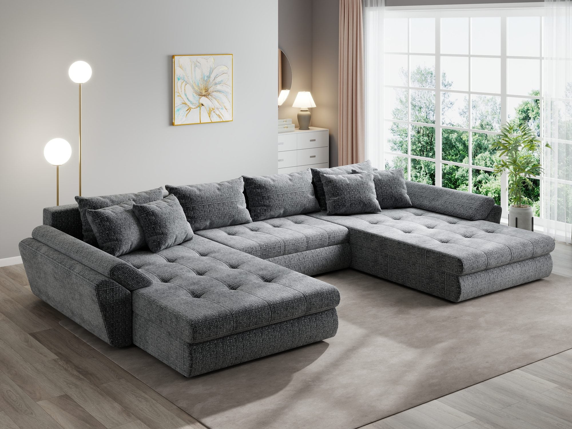 Colțar extensibil dumonde cu ladă de depozitare si sezut confortabil din spuma high-density, Loana U Cremona Gri 95 355x185 cm
