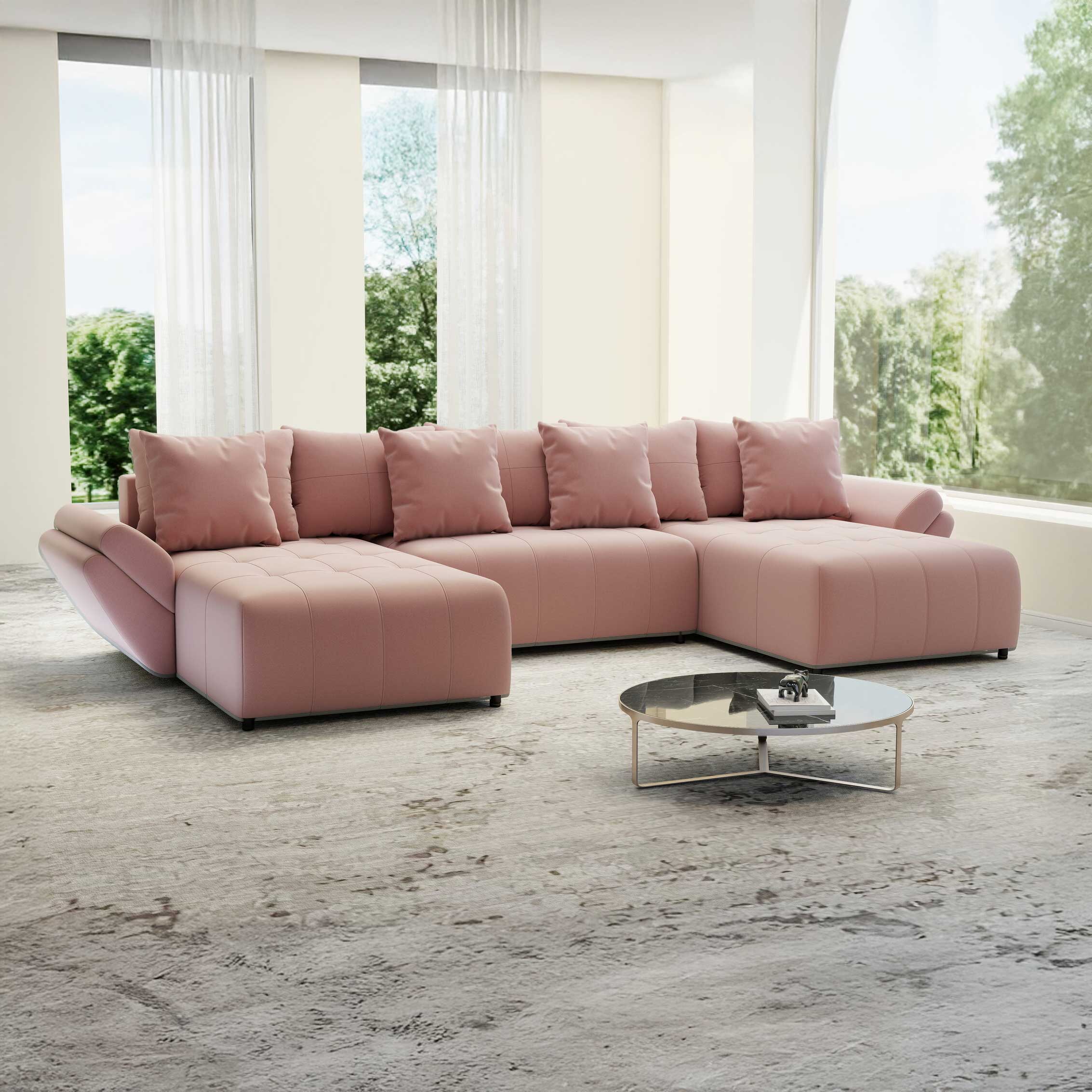 Colțar extensibil dumonde cu ladă de depozitare si sezut confortabil din spuma HR, Berlin U Royal Roz 380x180 cm