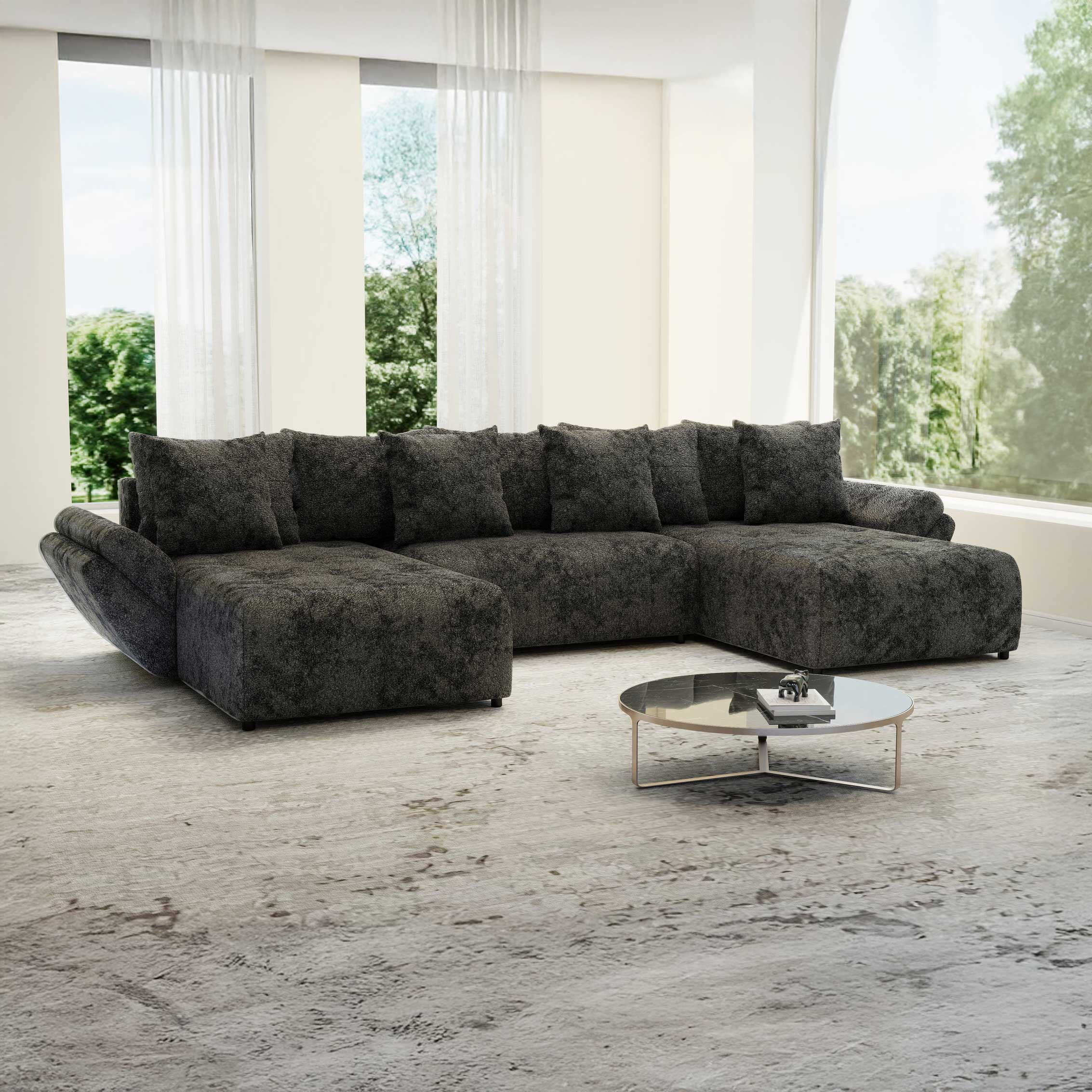 Colțar extensibil dumonde cu ladă de depozitare si sezut confortabil din spuma HR, Berlin U Euphoria Dark Grey 380x180 cm