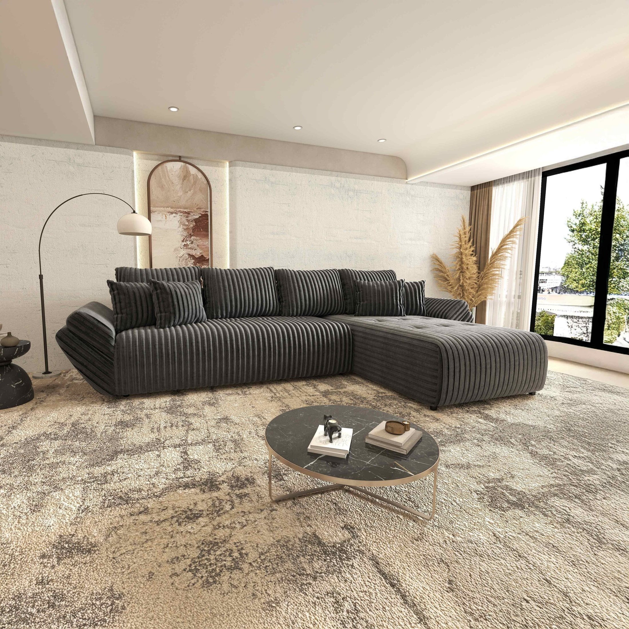 Colțar extensibil dumonde cu ladă de depozitare si sezut confortabil din spuma HR, Berlin XL Ambience Grey II 350x185 cm