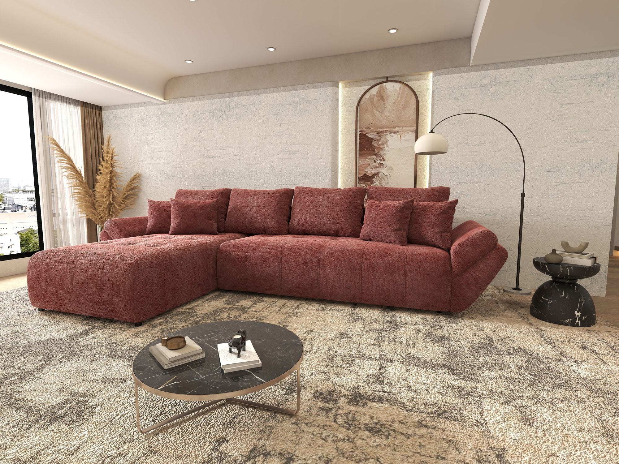 Colțar extensibil dumonde cu ladă de depozitare si sezut confortabil din spuma high-density, Berlin XL Vibe Rosu 58 350x185 cm
