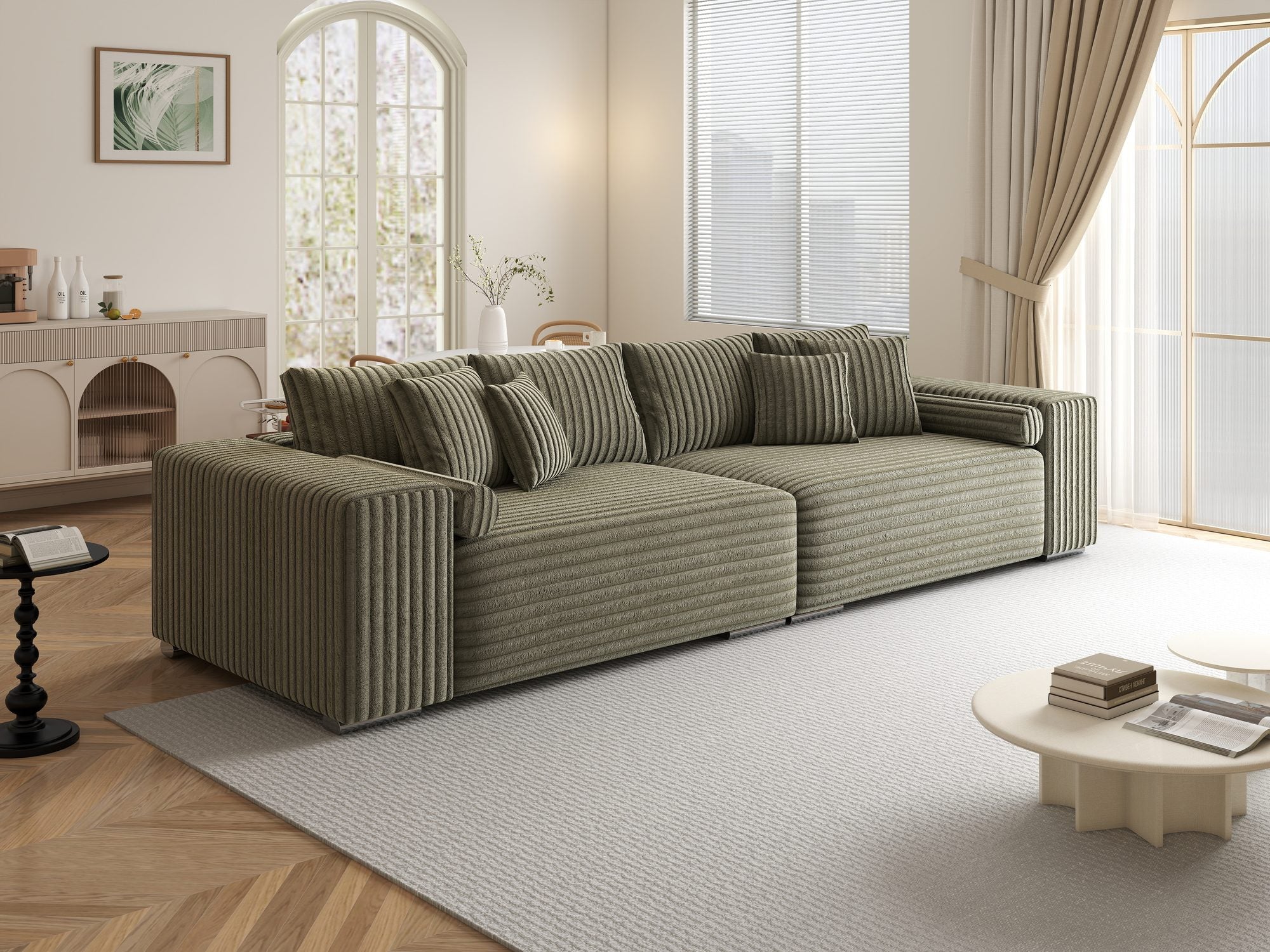 Canapea extensibilă dumonde cu ladă de depozitare si sezut confortabil din spuma high-density, Marbela XXL Tilia Verde Olive 37 290x100 cm