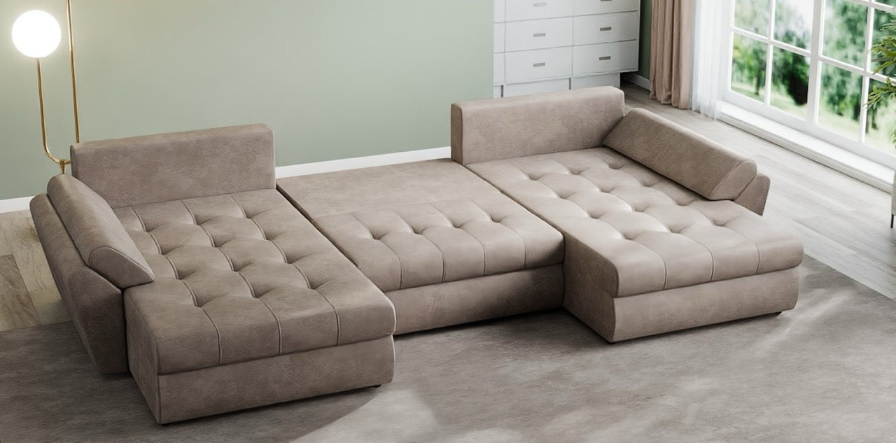 Colțar extensibil dumonde cu ladă de depozitare si sezut confortabil din spuma HR, Loana U Tobago Brown 355x185 cm