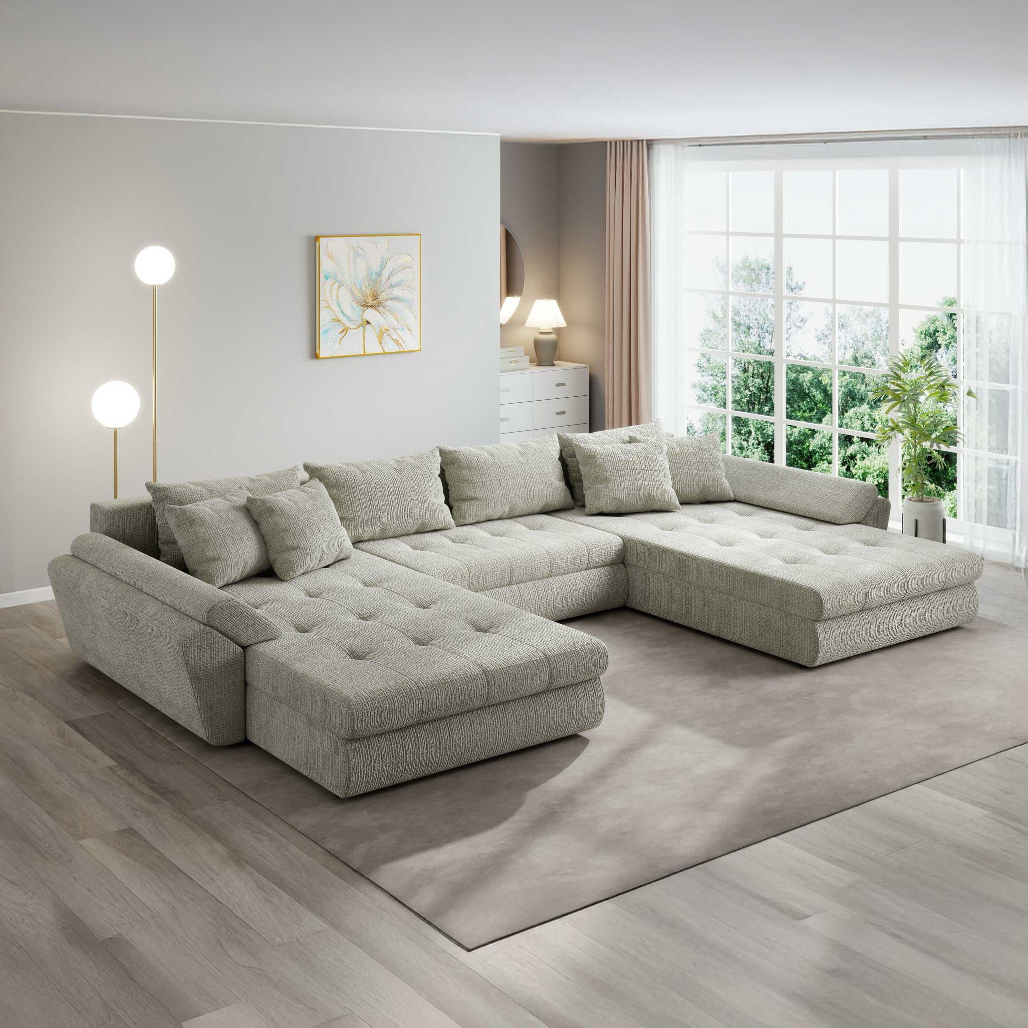 Colțar extensibil dumonde cu ladă de depozitare si sezut confortabil din spuma high-density, Loana U Cremona Bej 04 355x185 cm