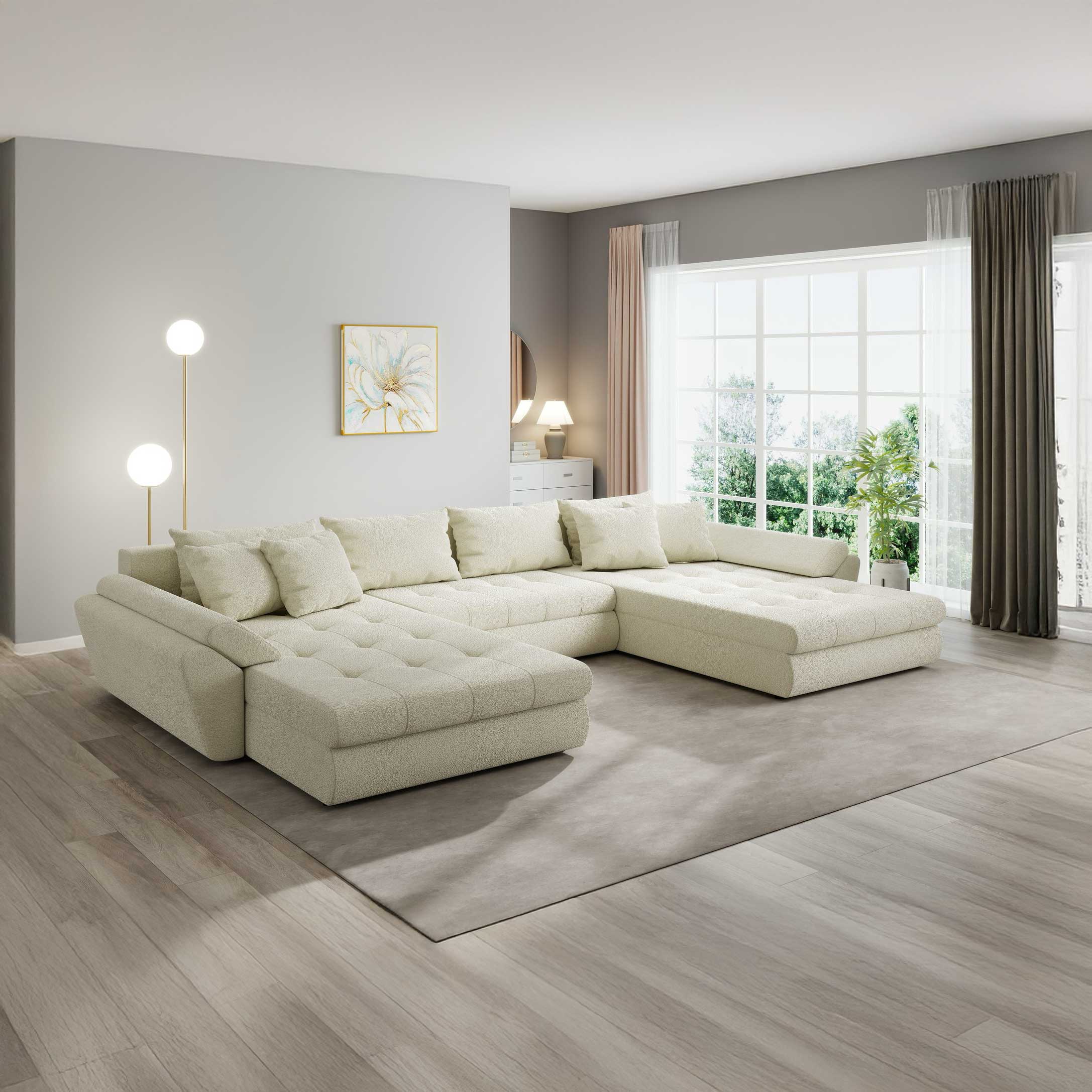 Colțar extensibil dumonde cu ladă de depozitare si sezut confortabil din spuma high-density, Loana U Quelle Bej 02 355x185 cm