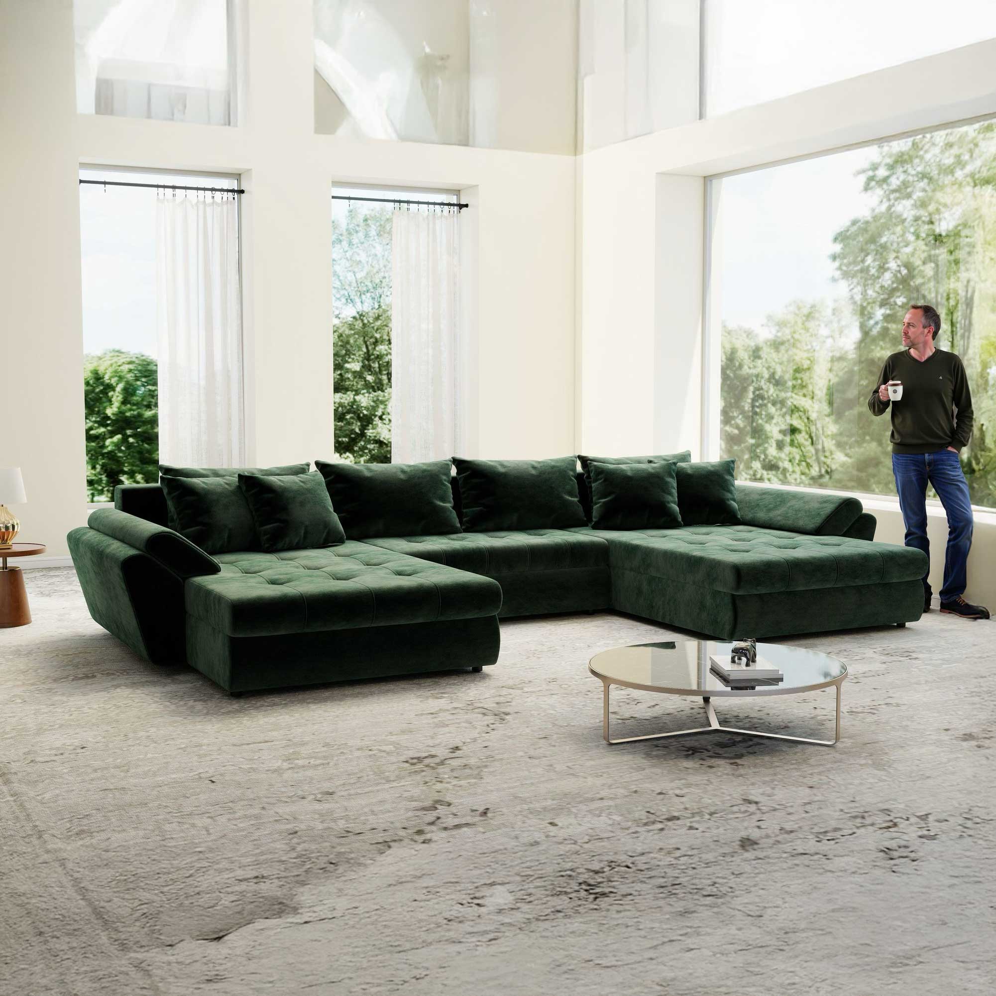 Colțar extensibil dumonde cu ladă de depozitare si sezut confortabil din spuma high-density, Loana U Monolith Verde 37 355x185 cm