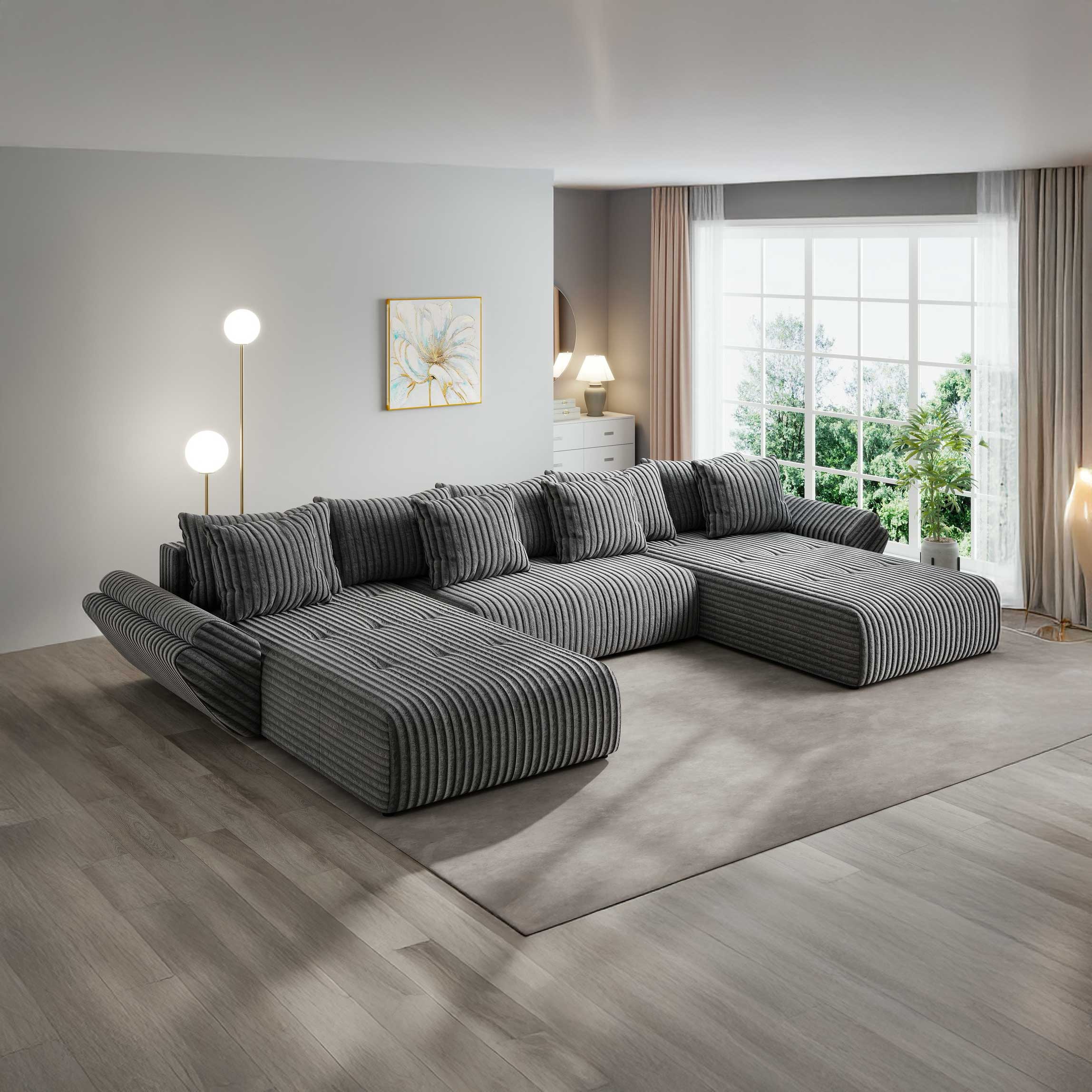 Colțar extensibil dumonde cu ladă de depozitare si sezut confortabil din spuma high-density, Berlin U Tilia Gri 90 380x180 cm