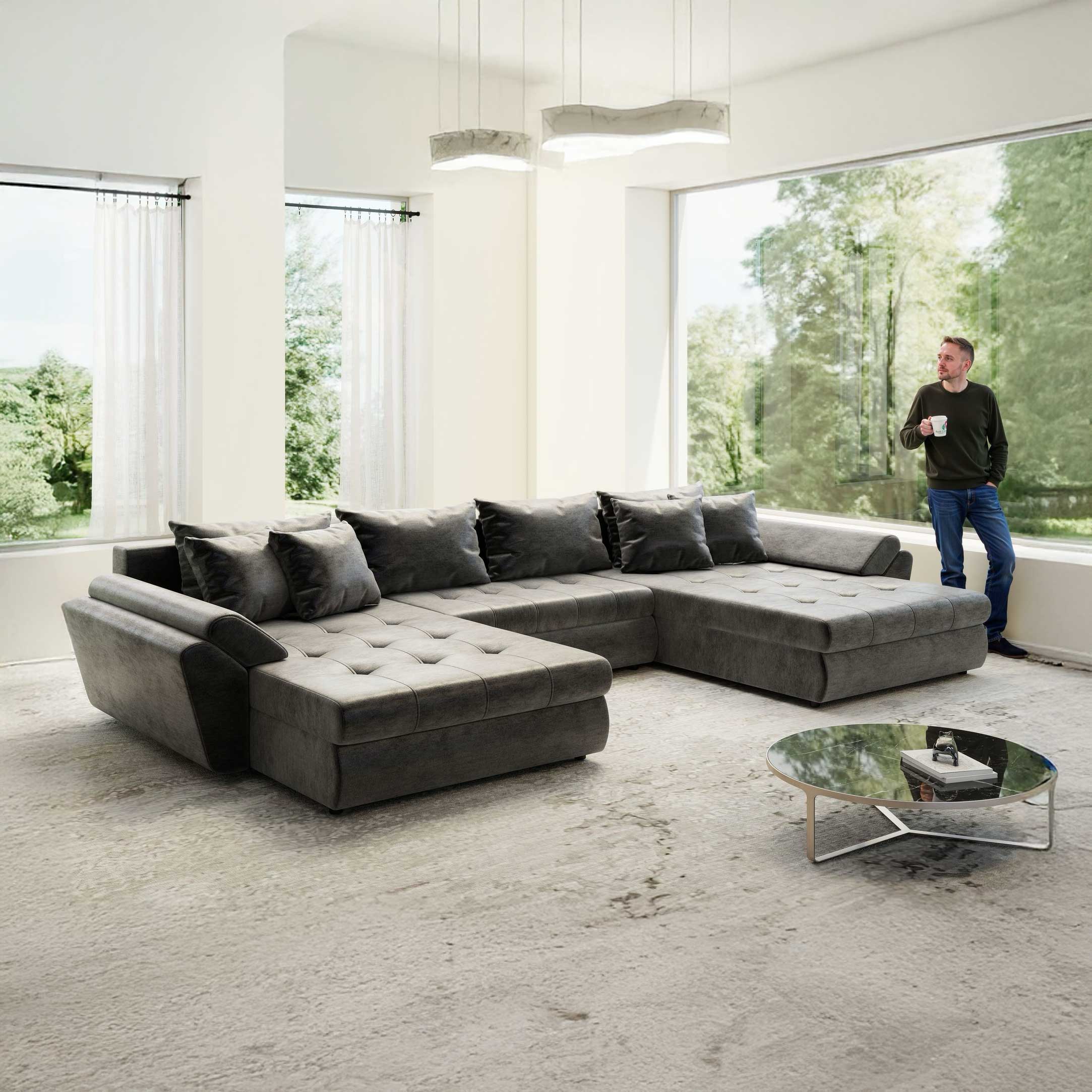 Colțar extensibil dumonde cu ladă de depozitare si sezut confortabil din spuma high-density, Loana U Monolith Gri Antracit 97 355x185 cm