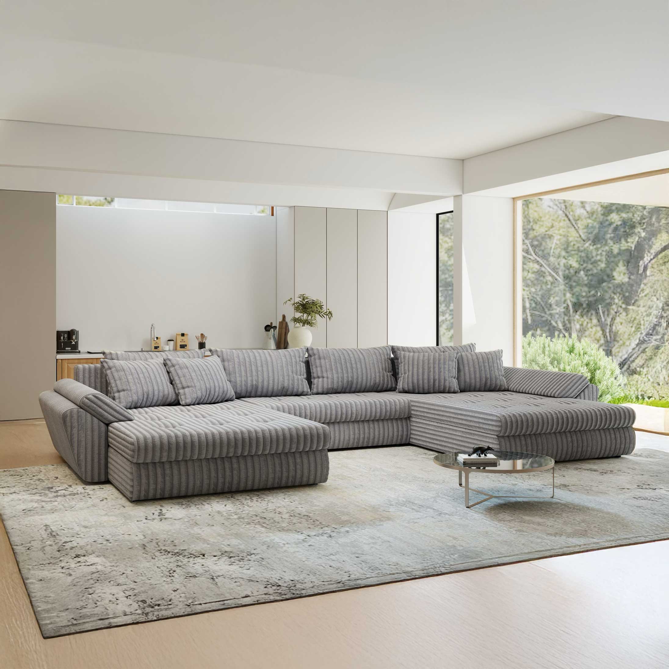 Colțar extensibil dumonde cu ladă de depozitare si sezut confortabil din spuma high-density, Loana U Tilia Gri 86 355x185 cm