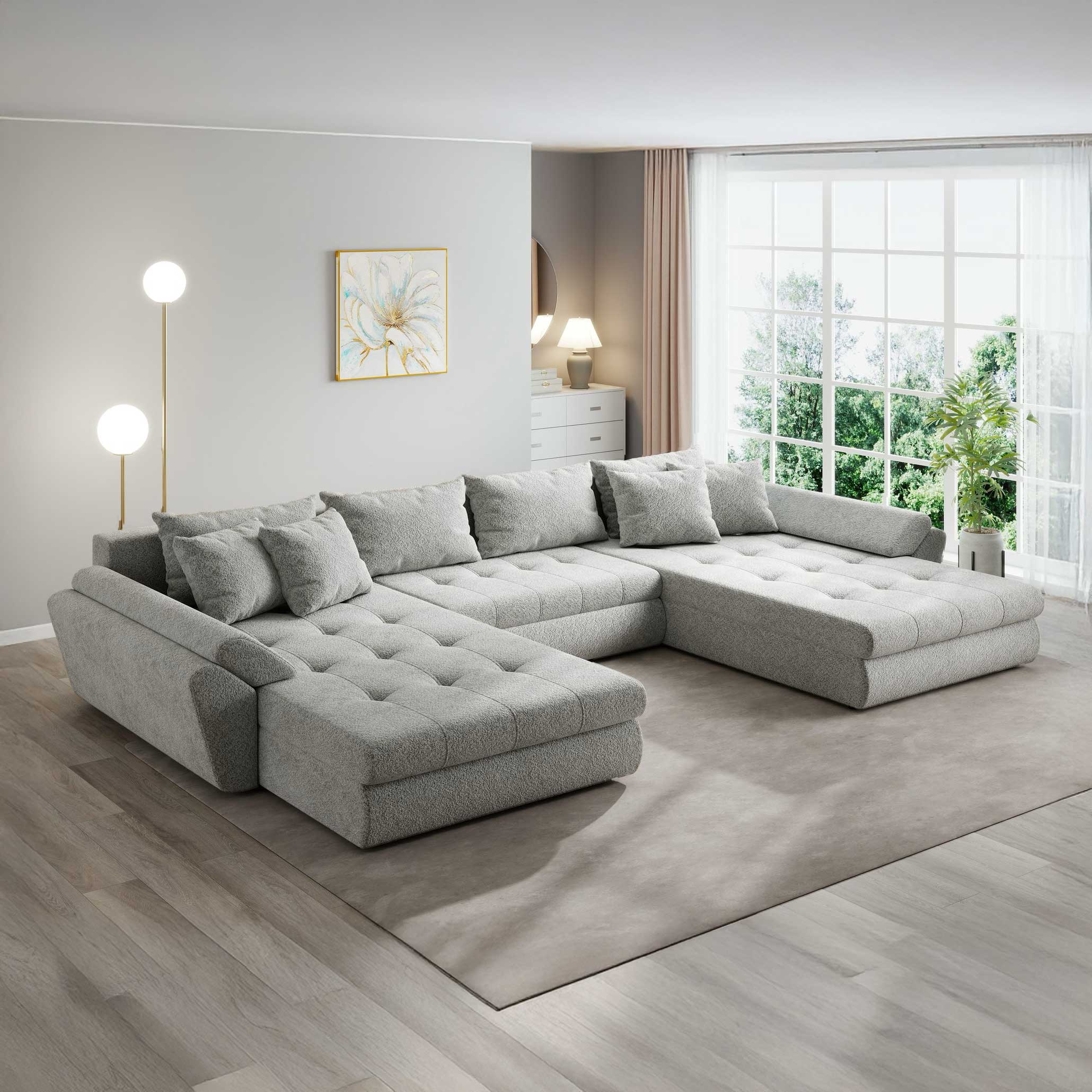 Colțar extensibil dumonde cu ladă de depozitare si sezut confortabil din spuma high-density, Loana U Arena Gri 15 355x185 cm