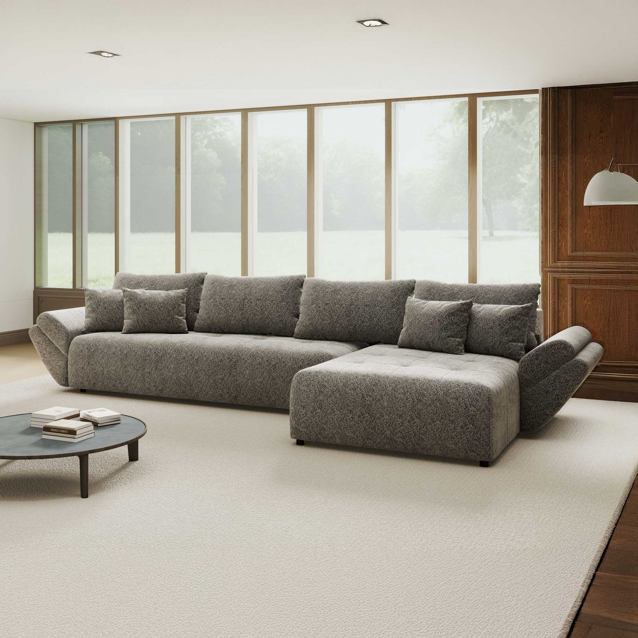 Colțar extensibil dumonde cu ladă de depozitare si sezut confortabil din spuma high-density, Berlin XL Arena Gri Grafit 18 II 350x185 cm