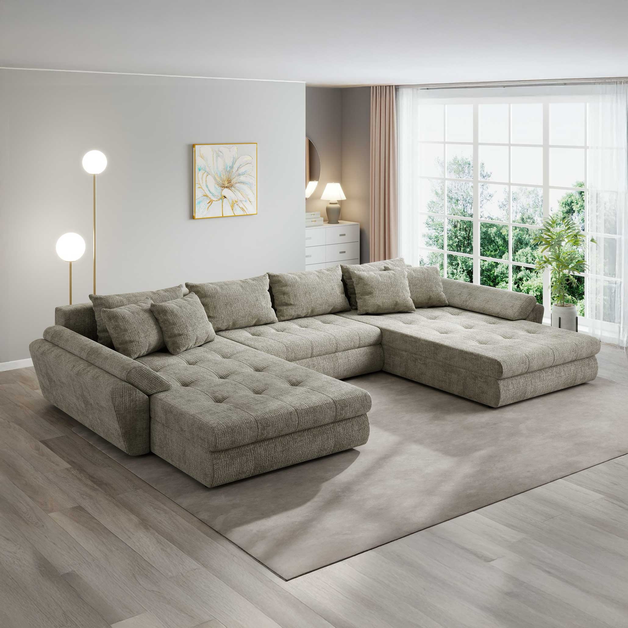 Colțar extensibil dumonde cu ladă de depozitare si sezut confortabil din spuma high-density, Loana U Cremona Bej 14 355x185 cm