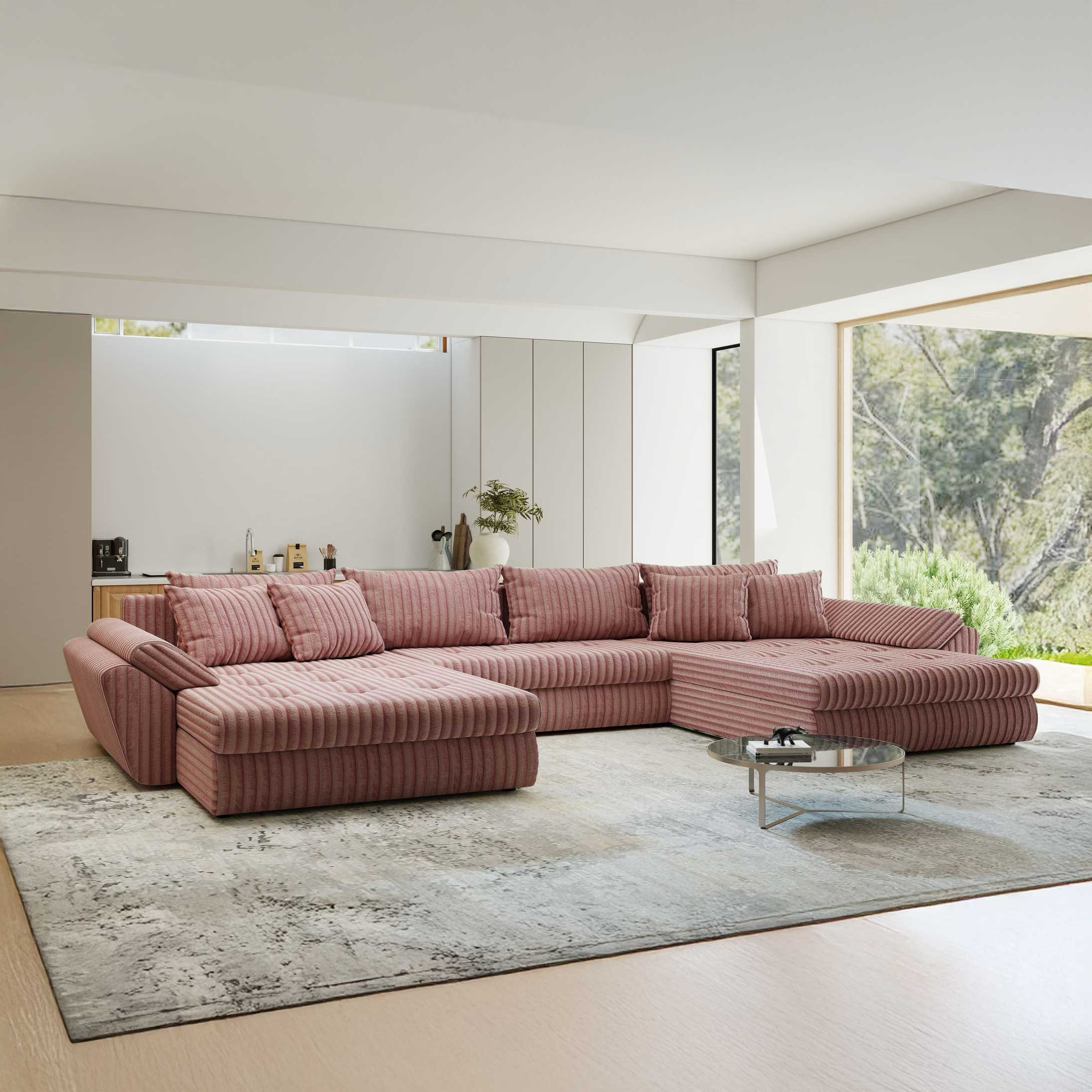 Colțar extensibil dumonde cu ladă de depozitare si sezut confortabil din spuma high-density, Loana U Tilia Roz Pudrat 62 355x185 cm