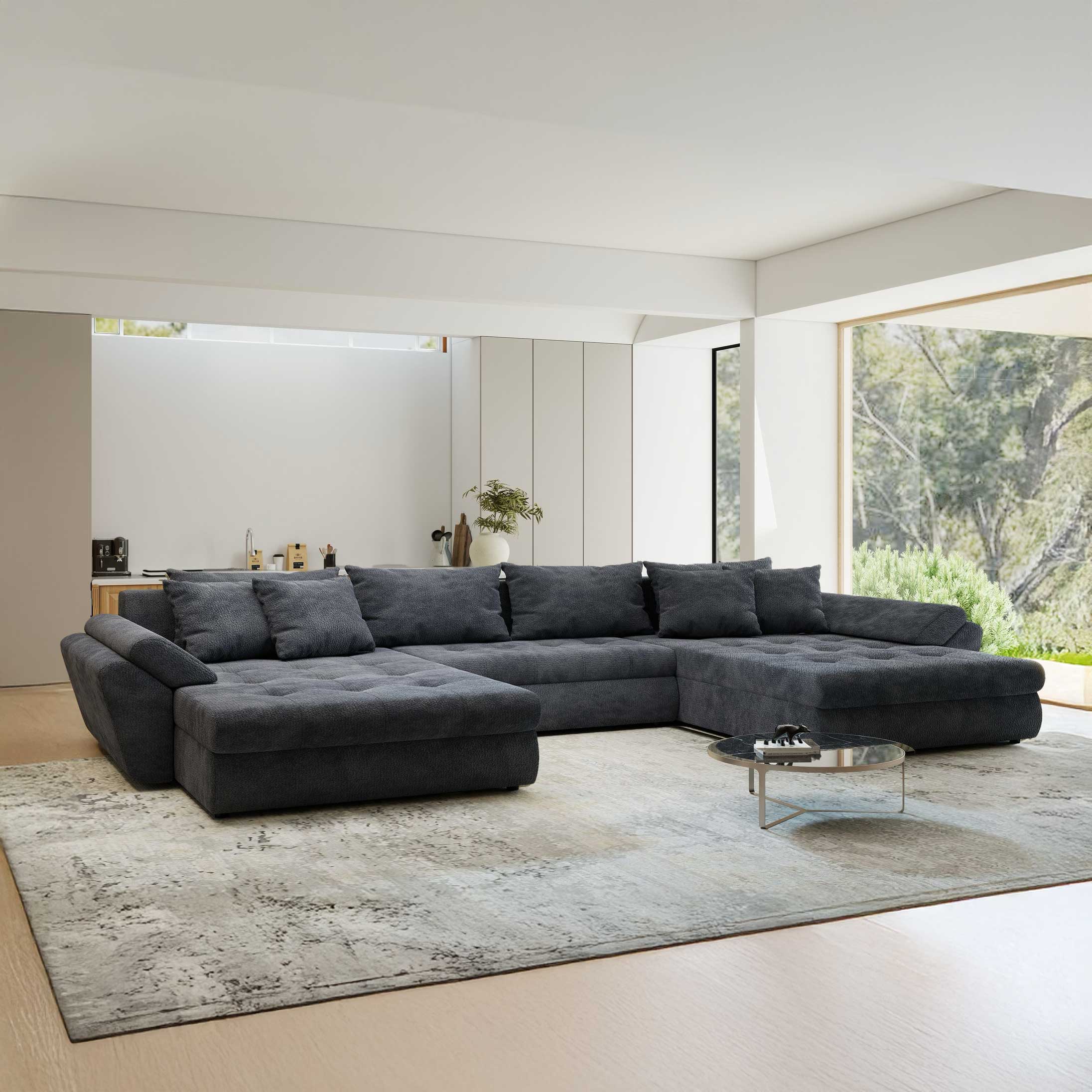 Colțar extensibil dumonde cu ladă de depozitare si sezut confortabil din spuma high-density, Loana U Vibe Gri Antracit 97 355x185 cm