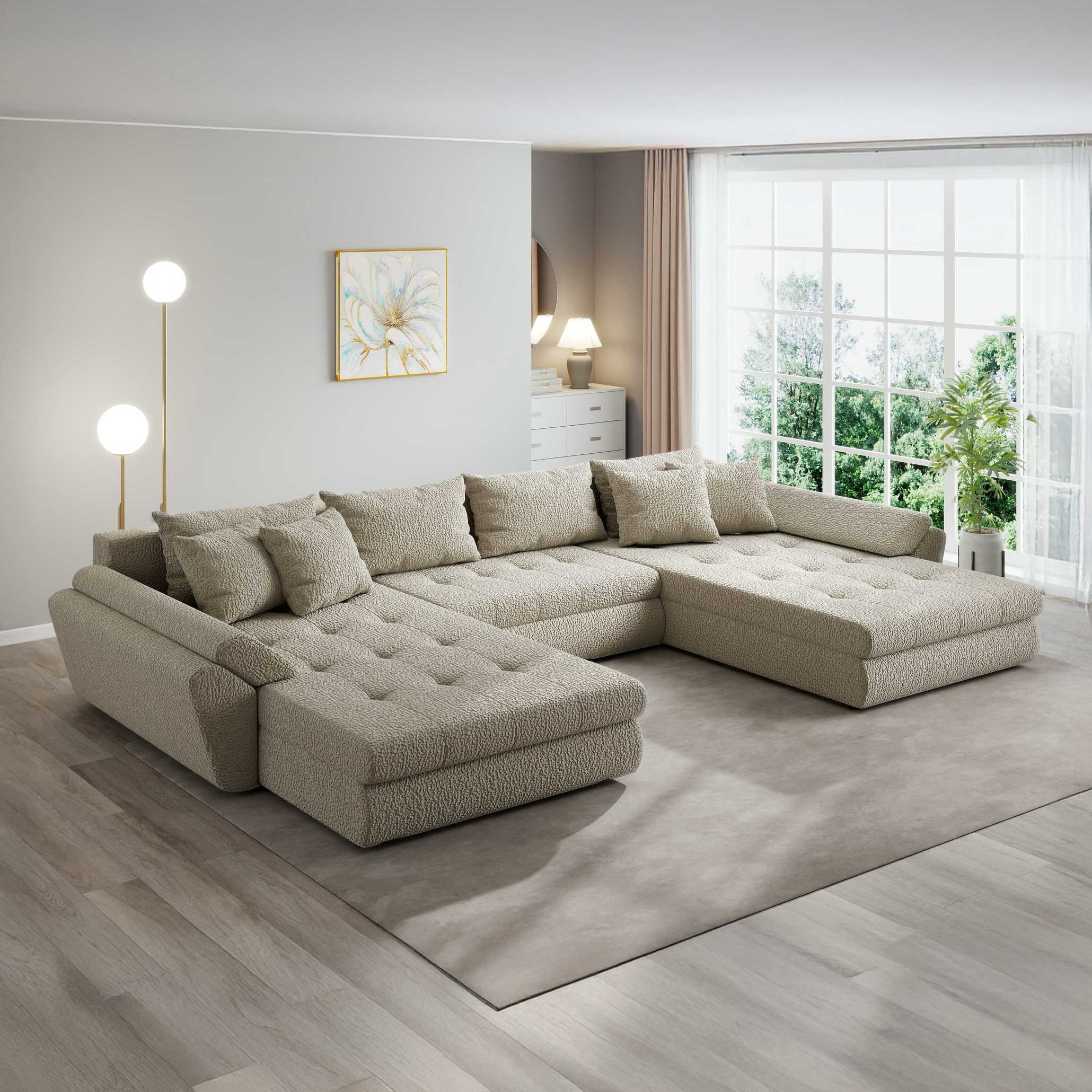 Colțar extensibil dumonde cu ladă de depozitare si sezut confortabil din spuma high-density, Loana U Jaguar Bej 4 355x185 cm
