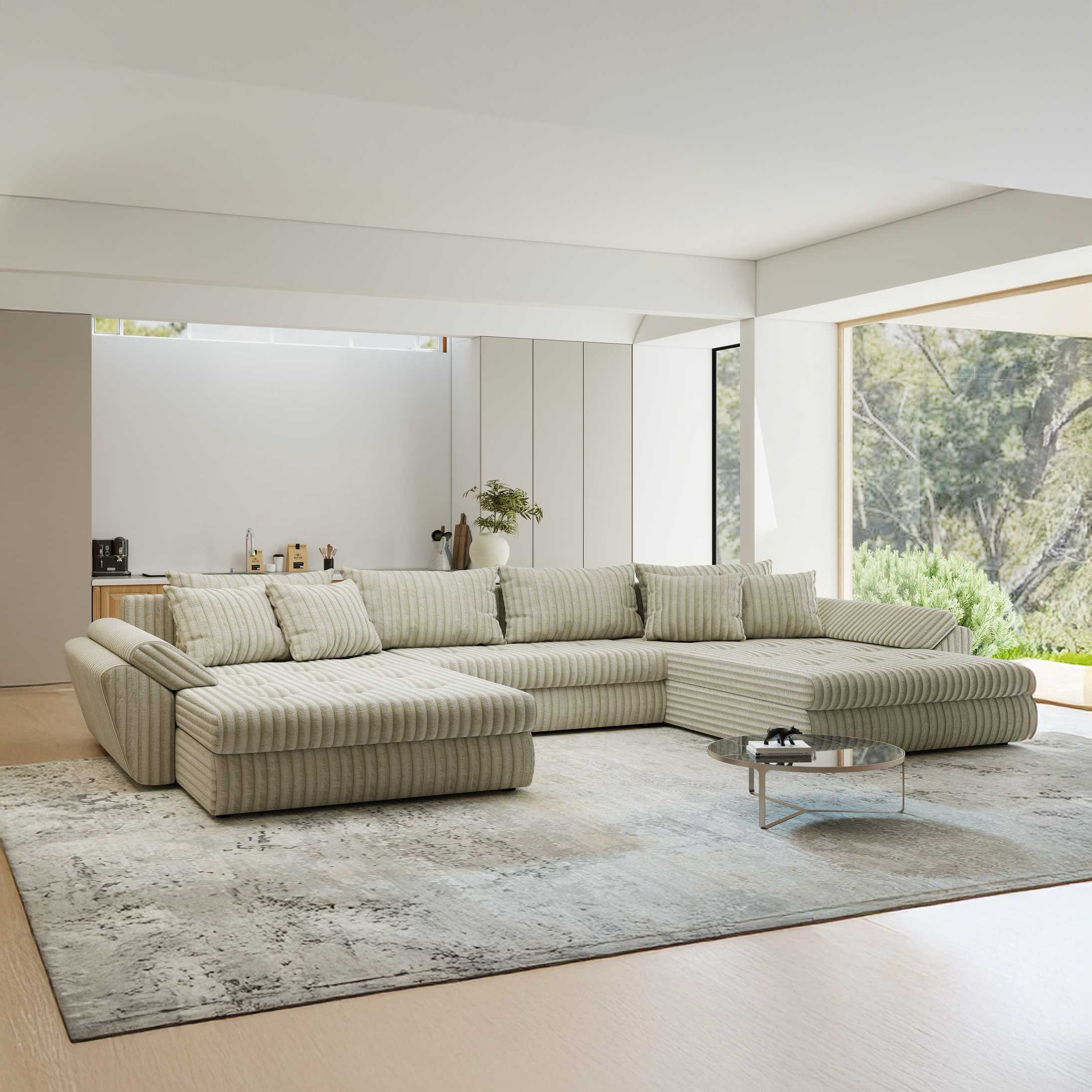 Colțar extensibil dumonde cu ladă de depozitare si sezut confortabil din spuma high-density, Loana U Tilia Bej 08 355x185 cm