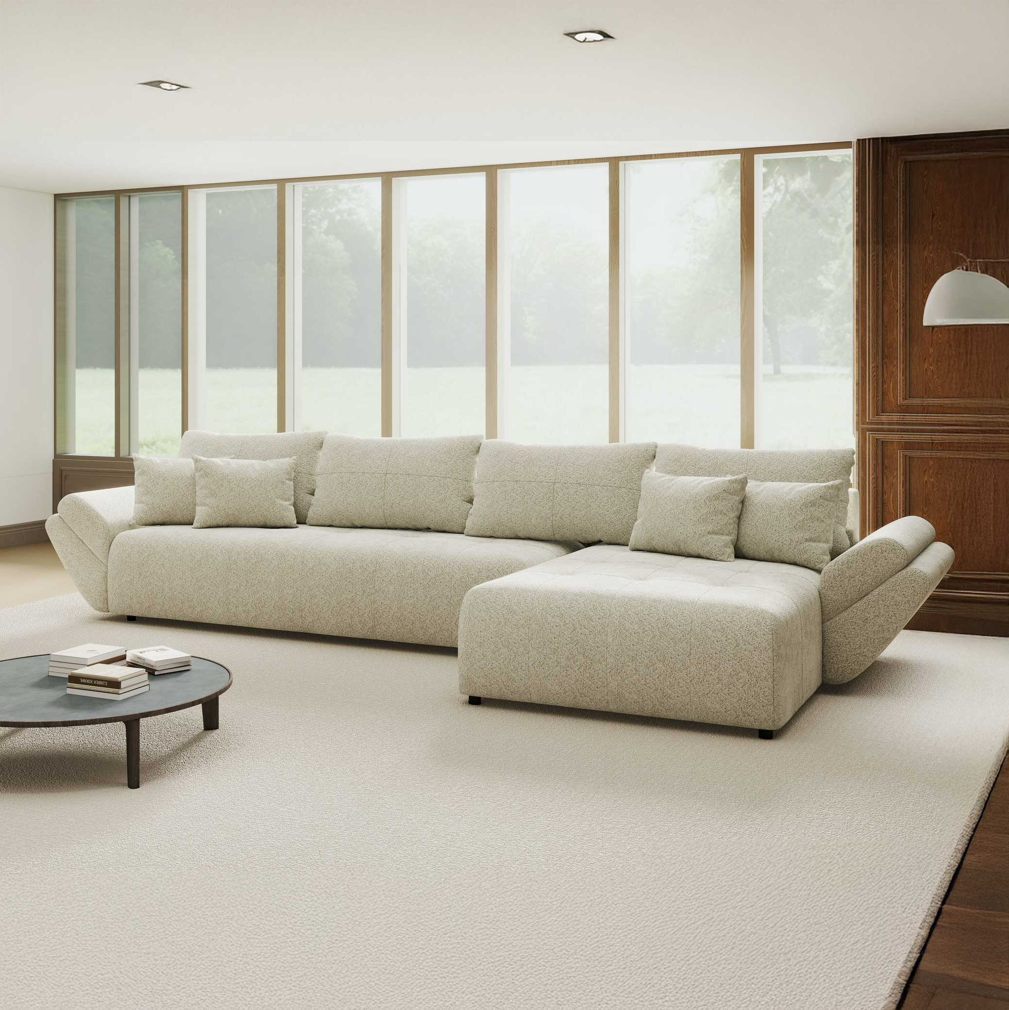 Colțar extensibil dumonde cu ladă de depozitare si sezut confortabil din spuma high-density, Berlin XL Arena Bej 20 II 350x185 cm