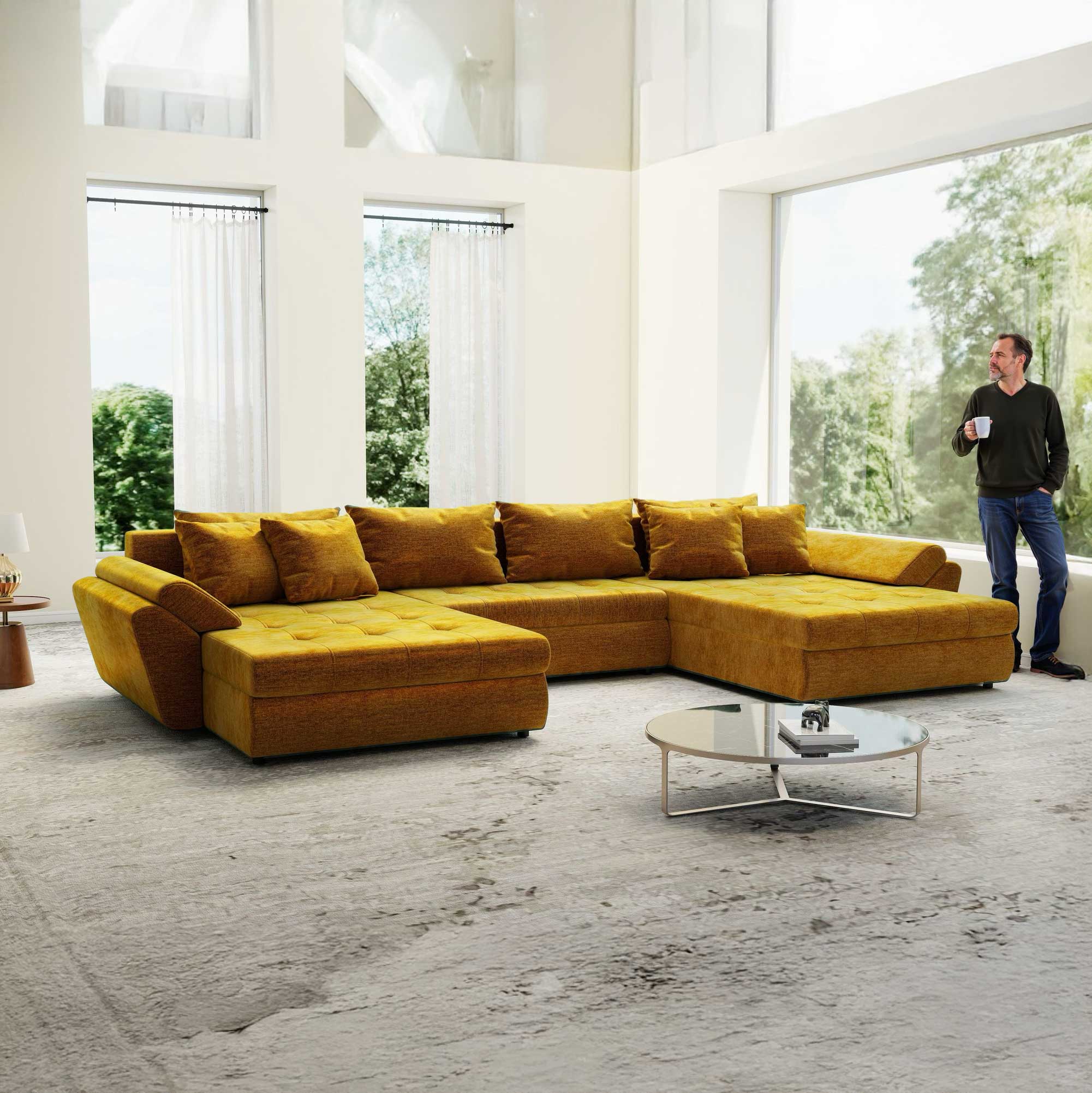 Colțar extensibil dumonde cu ladă de depozitare si sezut confortabil din spuma high-density, Loana U Monolith Mustar 48 355x185 cm