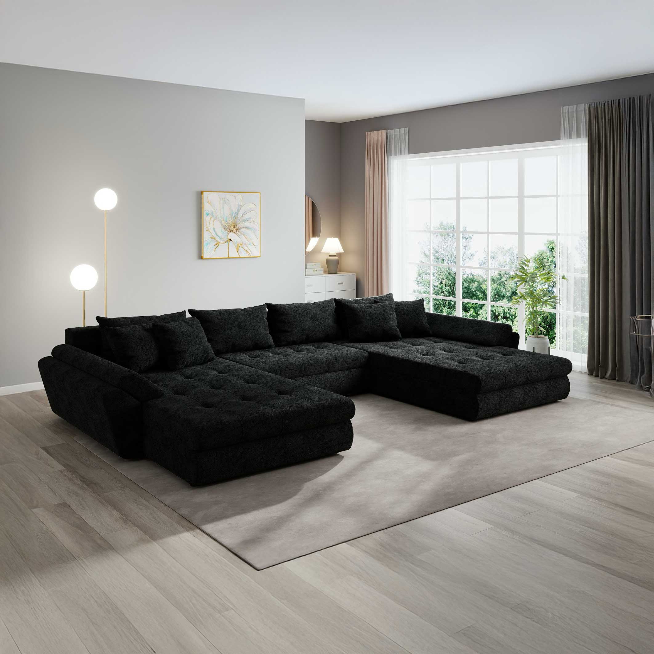 Colțar extensibil dumonde cu ladă de depozitare si sezut confortabil din spuma high-density, Loana U Quelle Negru 100 355x185 cm