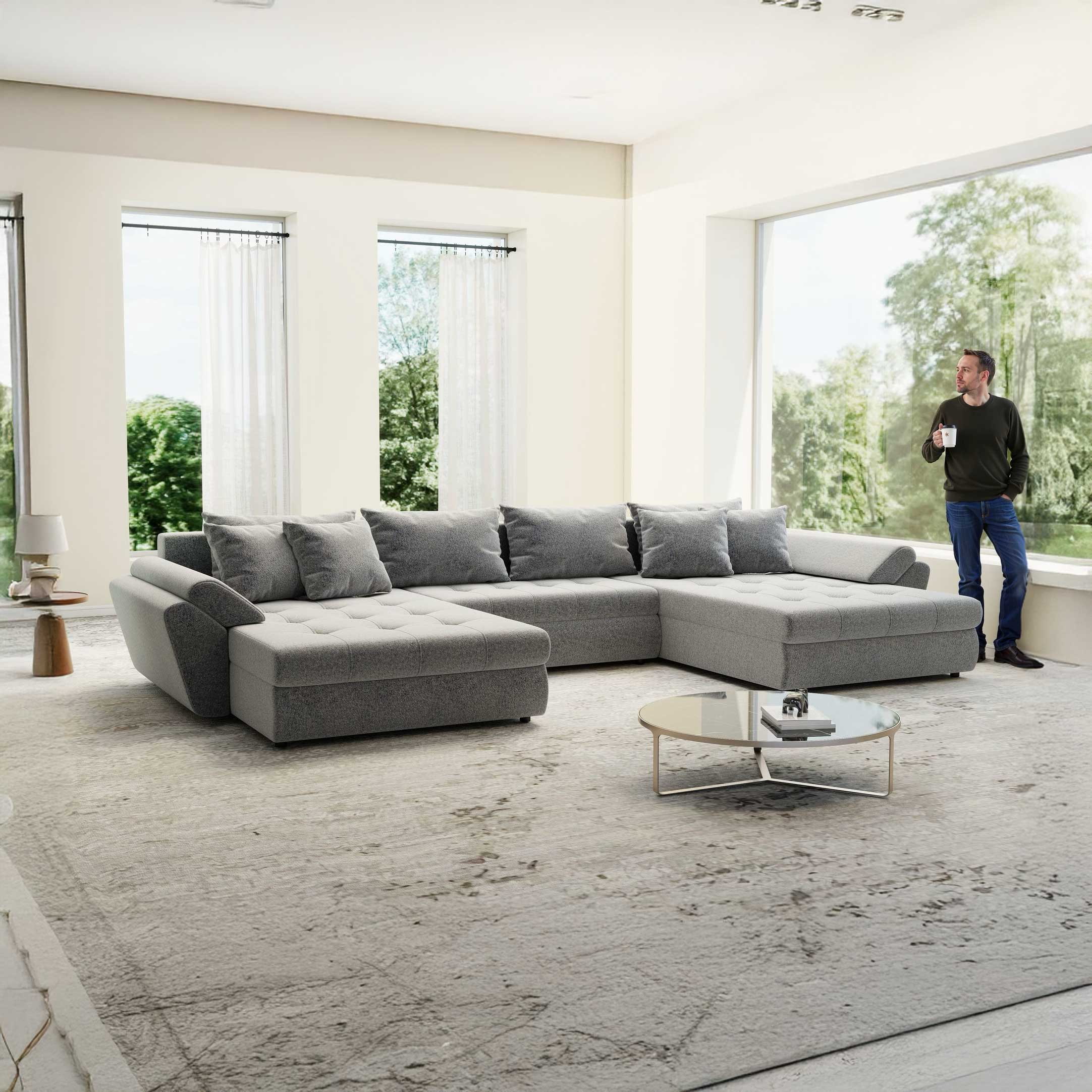 Colțar extensibil dumonde cu ladă de depozitare si sezut confortabil din spuma high-density, Loana U Monte Gri 84 355x185 cm