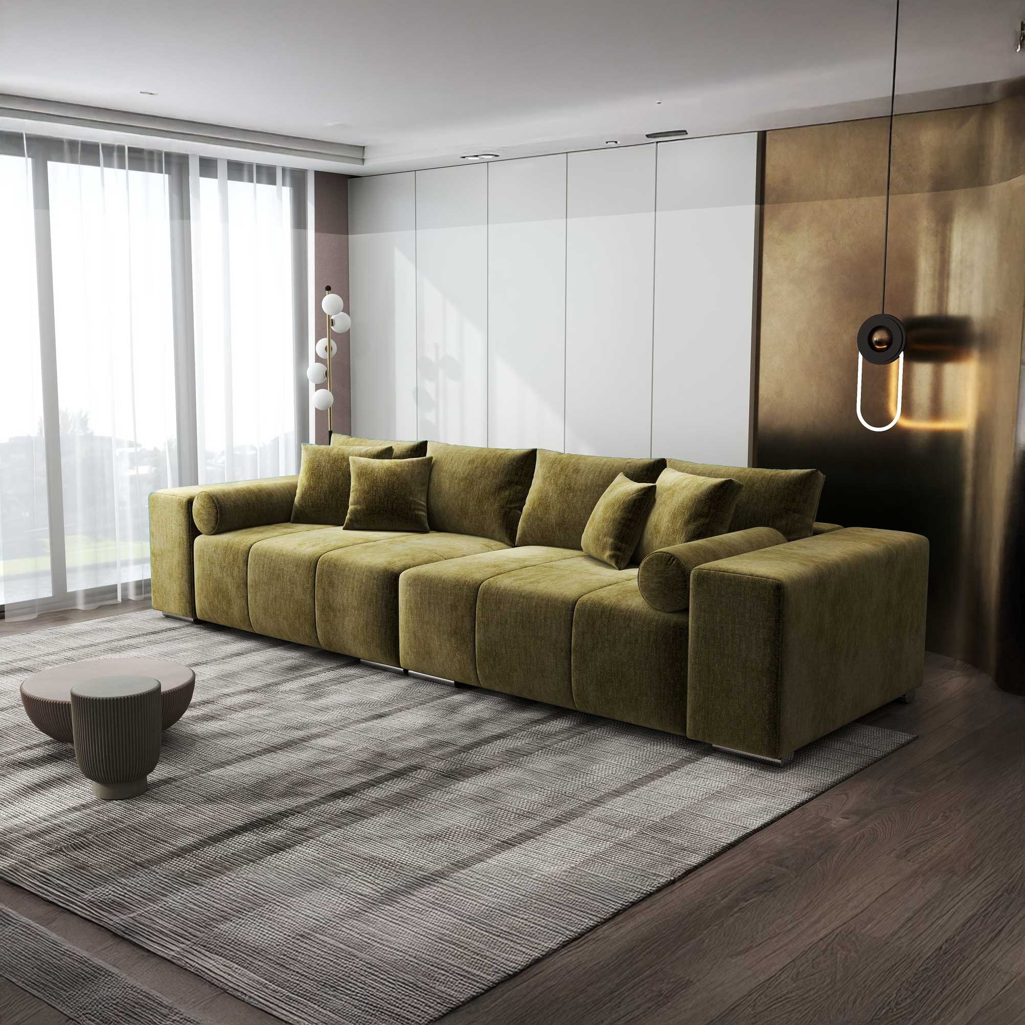 Canapea extensibilă dumonde cu ladă de depozitare si sezut confortabil din spuma high-density, Marbela XXL Monolith Verde Olive 38 290x100 cm